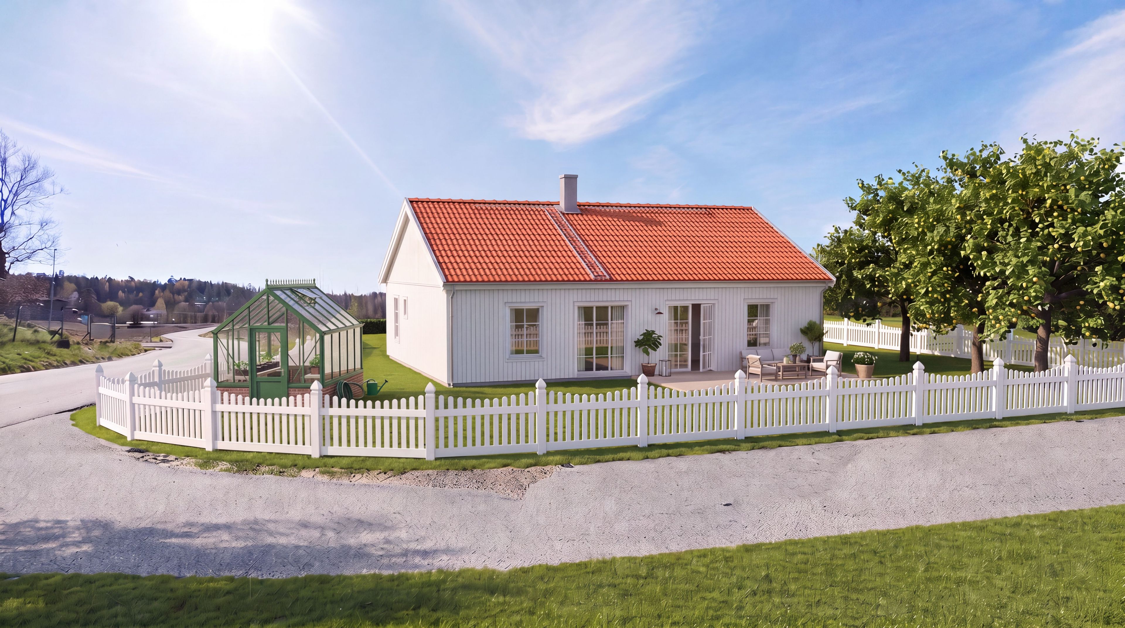 Illustrasjon av enebolig, husmodell Smart 100, i tradisjonell stil med drivhus
