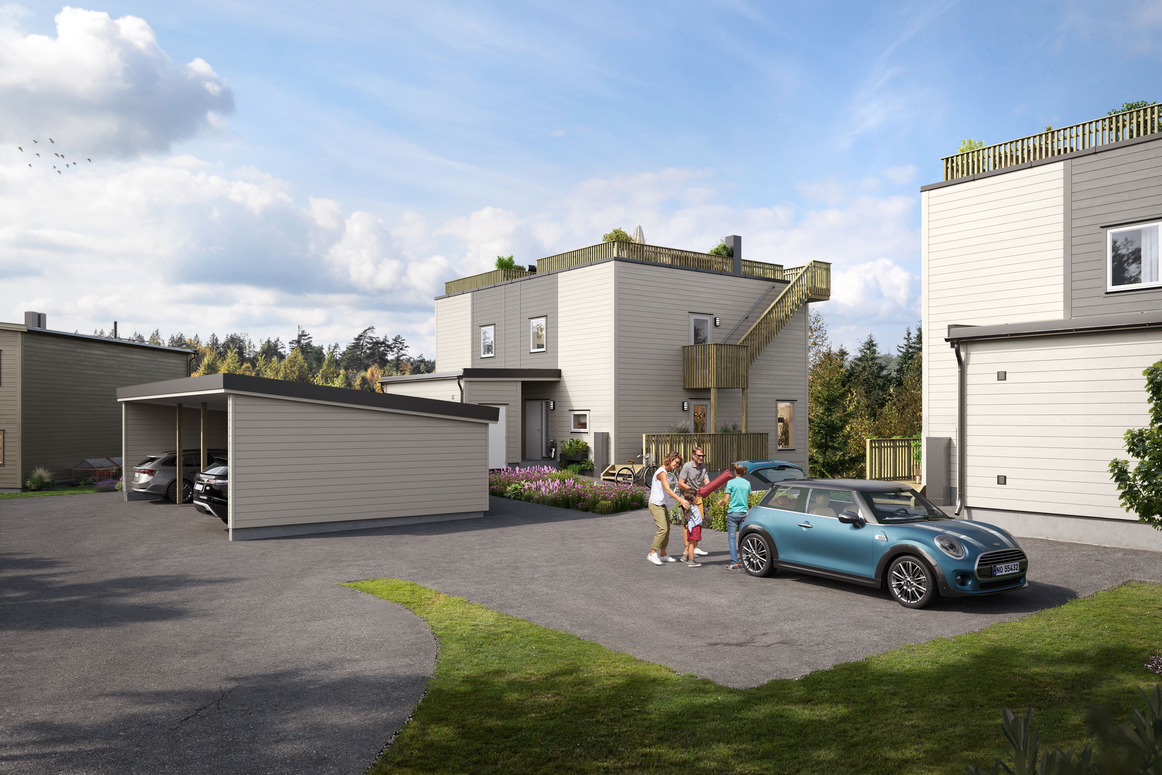 Illustrasjon av fasade på tomannsboligene på Eltonåsen Syd, BKS10, sett fra inngangssiden