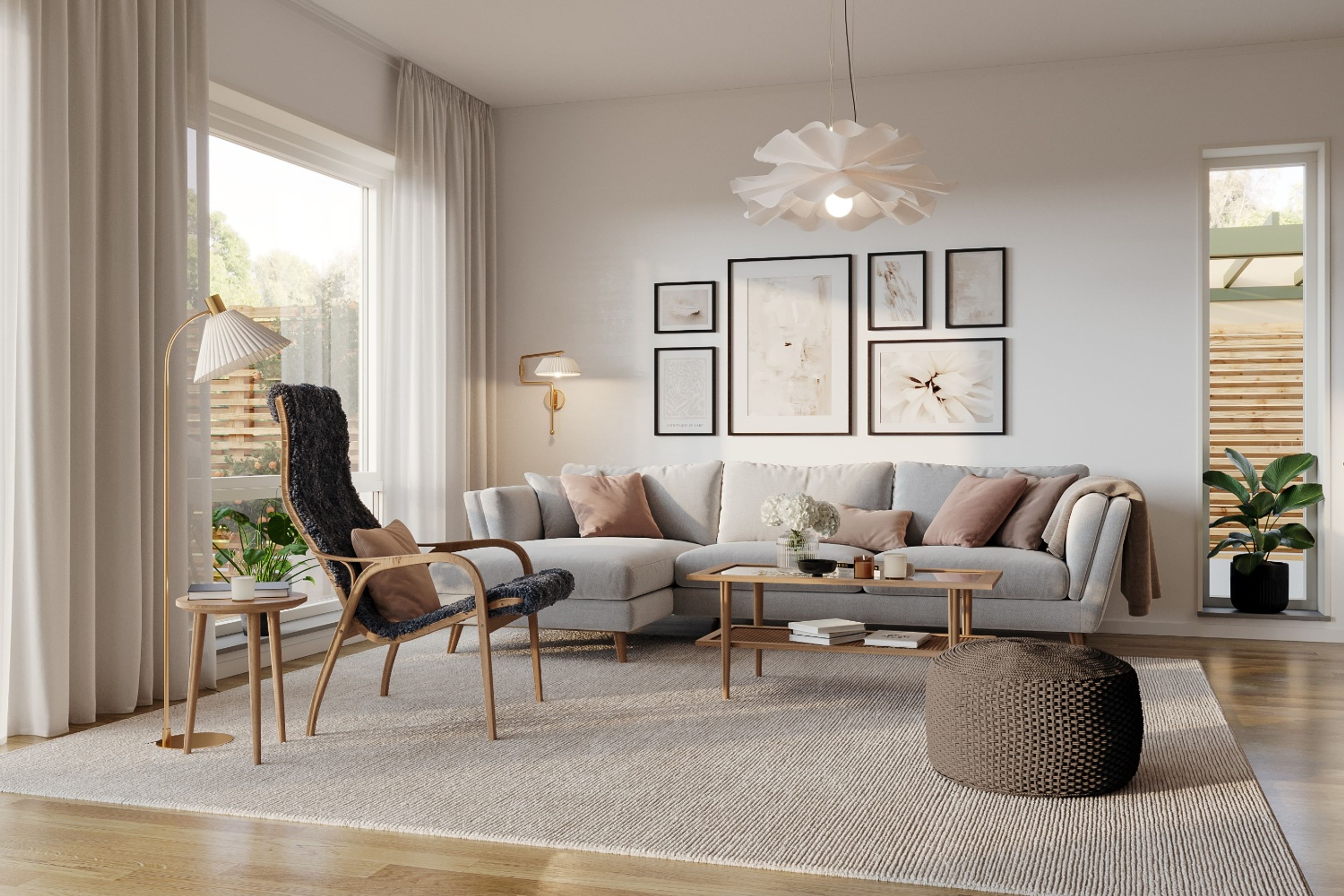 Illustration av vardagsrum med grå soffgrupp