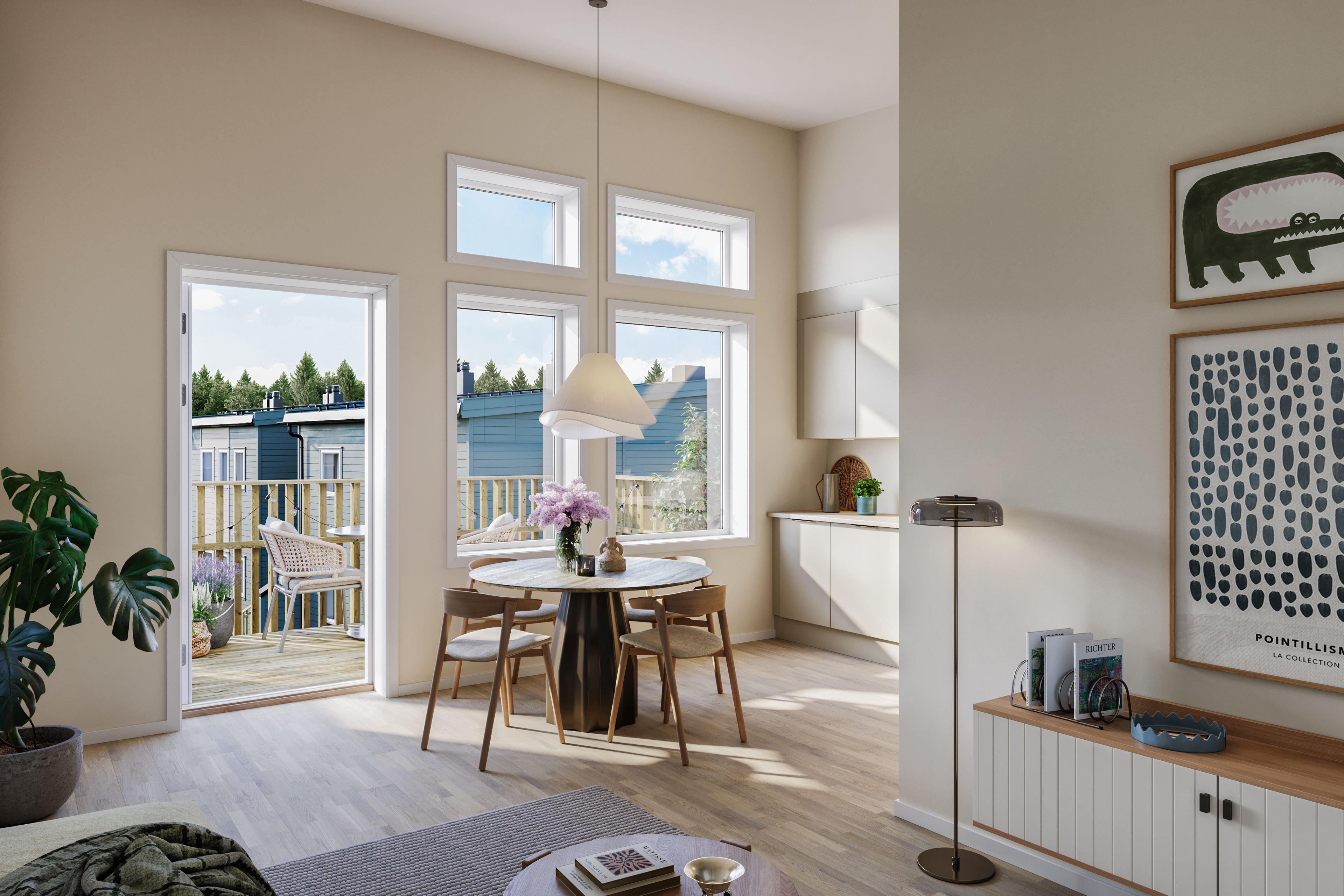 Illustrasjon av stue og terrasse i leilighet i hus 1, boenhet 7