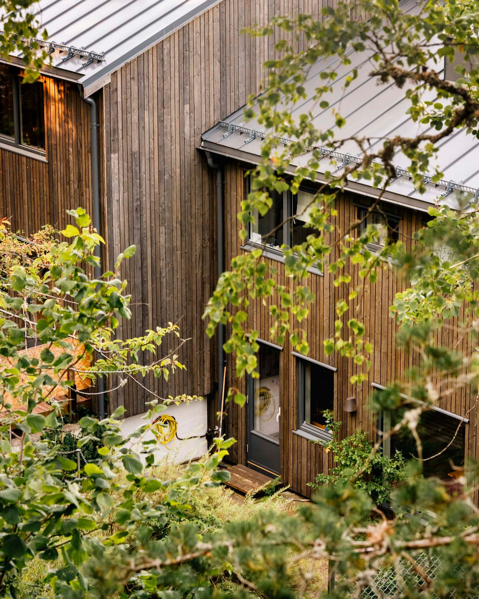 Bolighus med ny trekledning, sett gjennom grønne trær i et frodig nabolag.