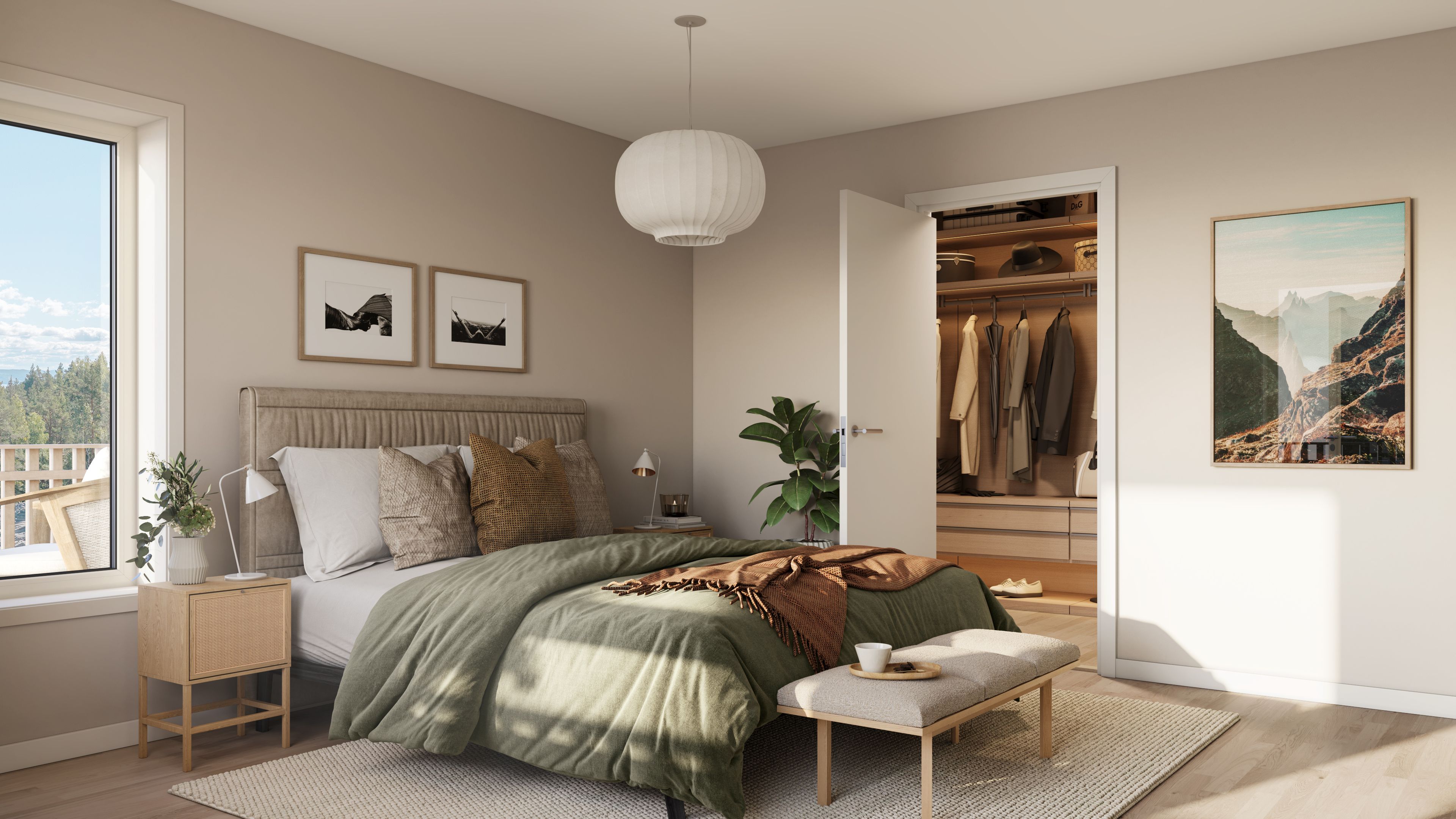 Illustrasjon av soverom med garderobe, i tomannsbolig, hus 23, på Marikollåsen BKS5