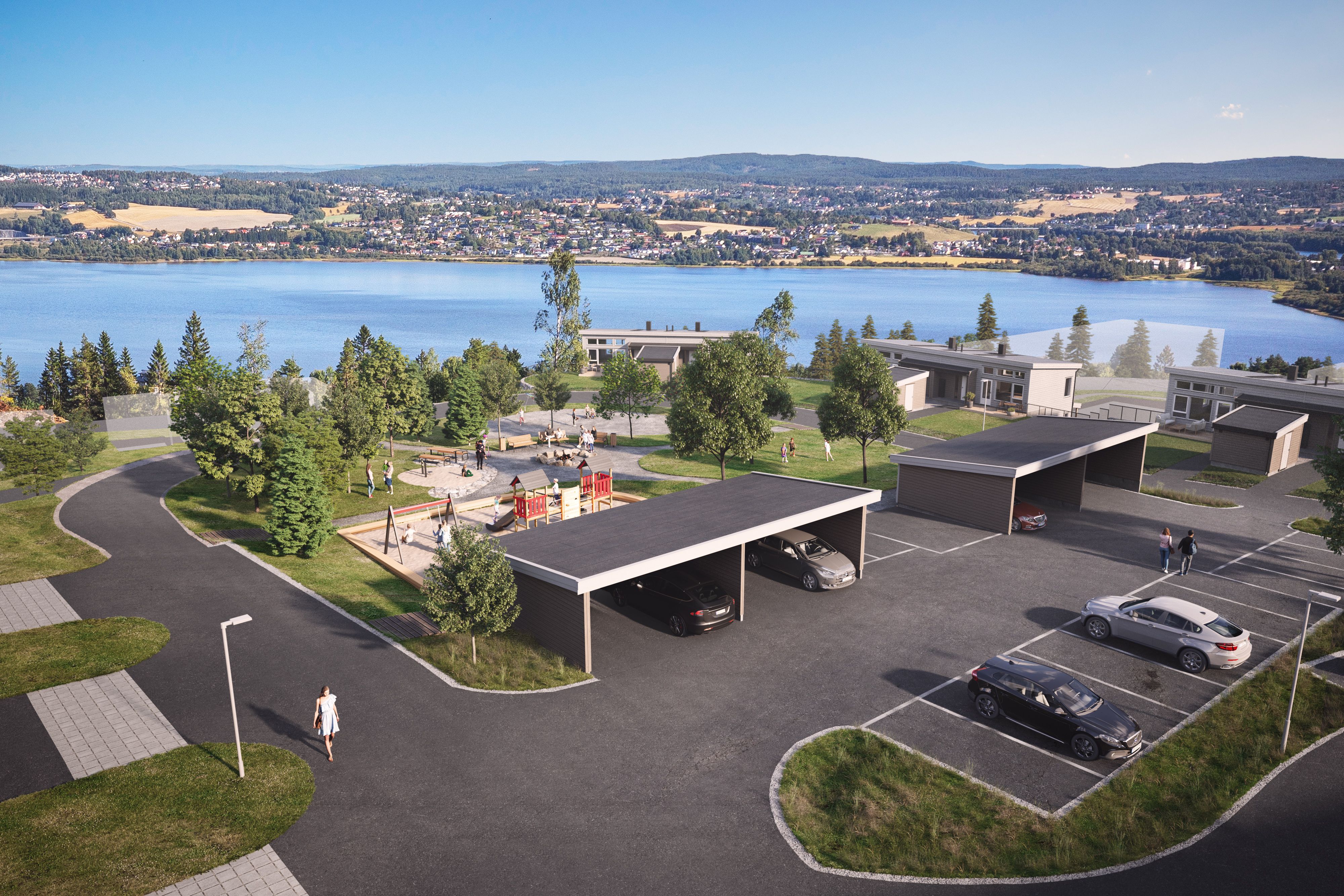 Illustrasjon av carport og lekeplass utenfor tomannsboliger på Marikollåsen BKS5