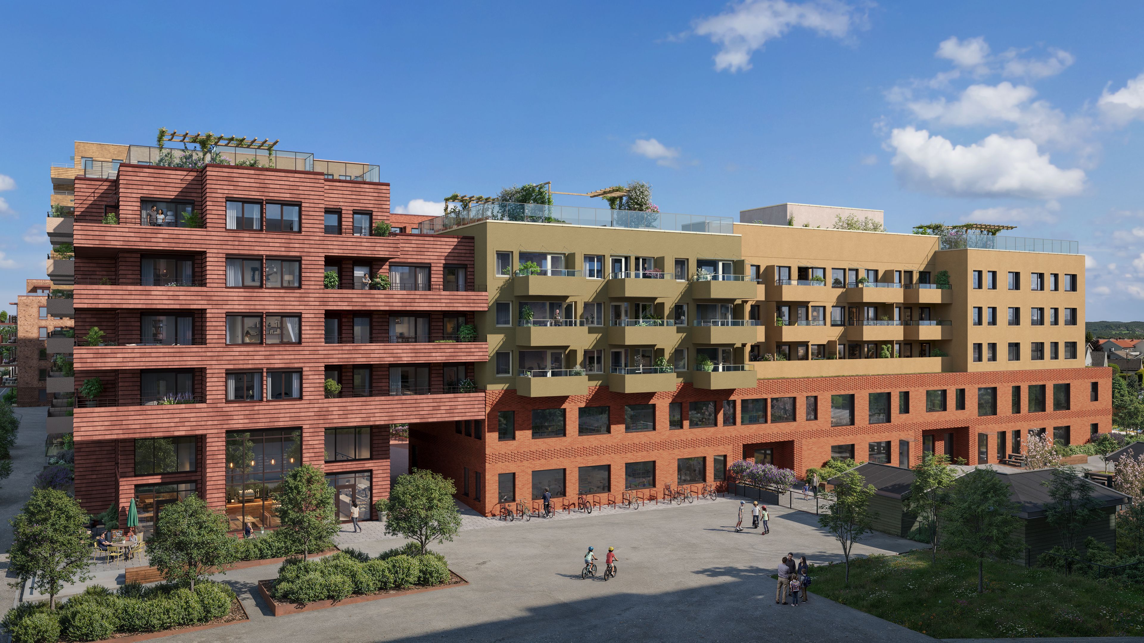 Illustrasjon av fasade på hus 3, Torghagen, Kvarteret.