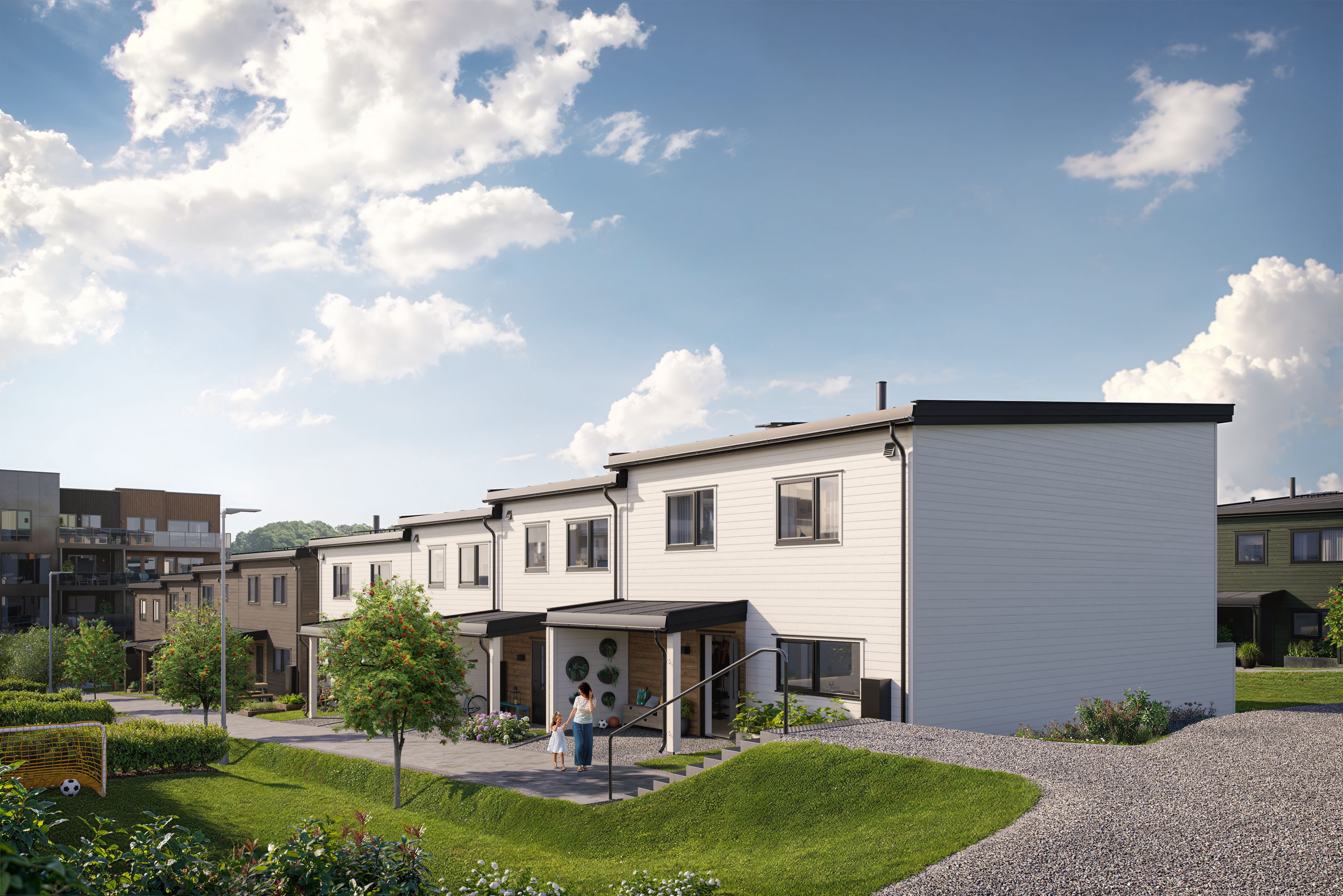 Illustrasjon av fasade inngangsparti på rekkehus på Øygard, Bladfaksveien 53–67