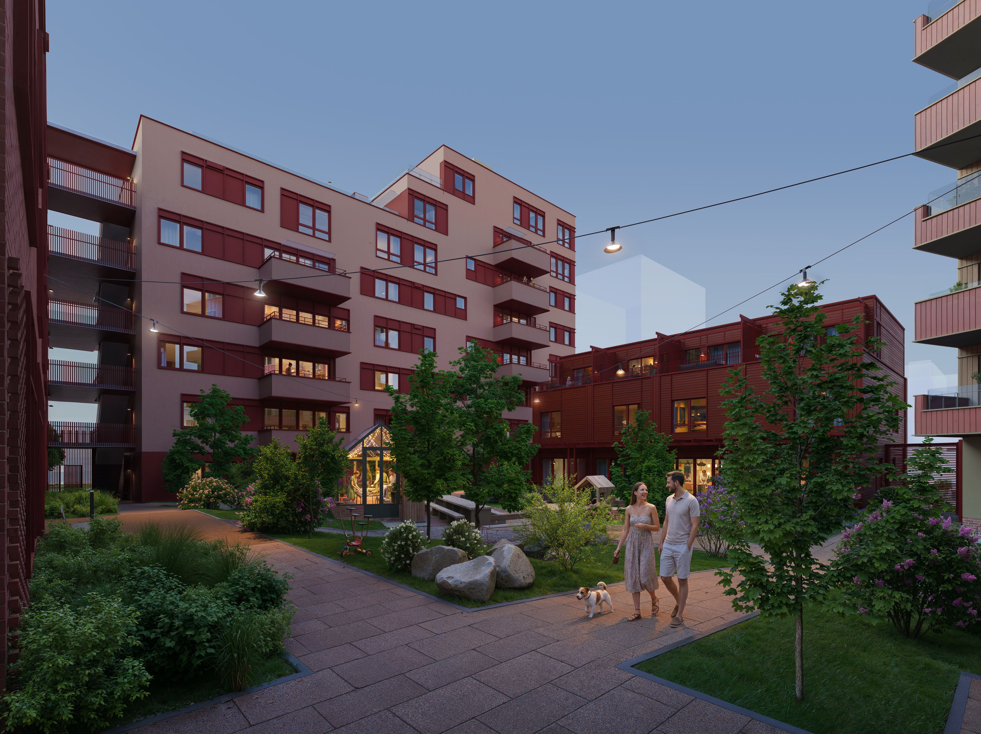 Mindre byrom mellom husene i Kvartal A på kveldstid