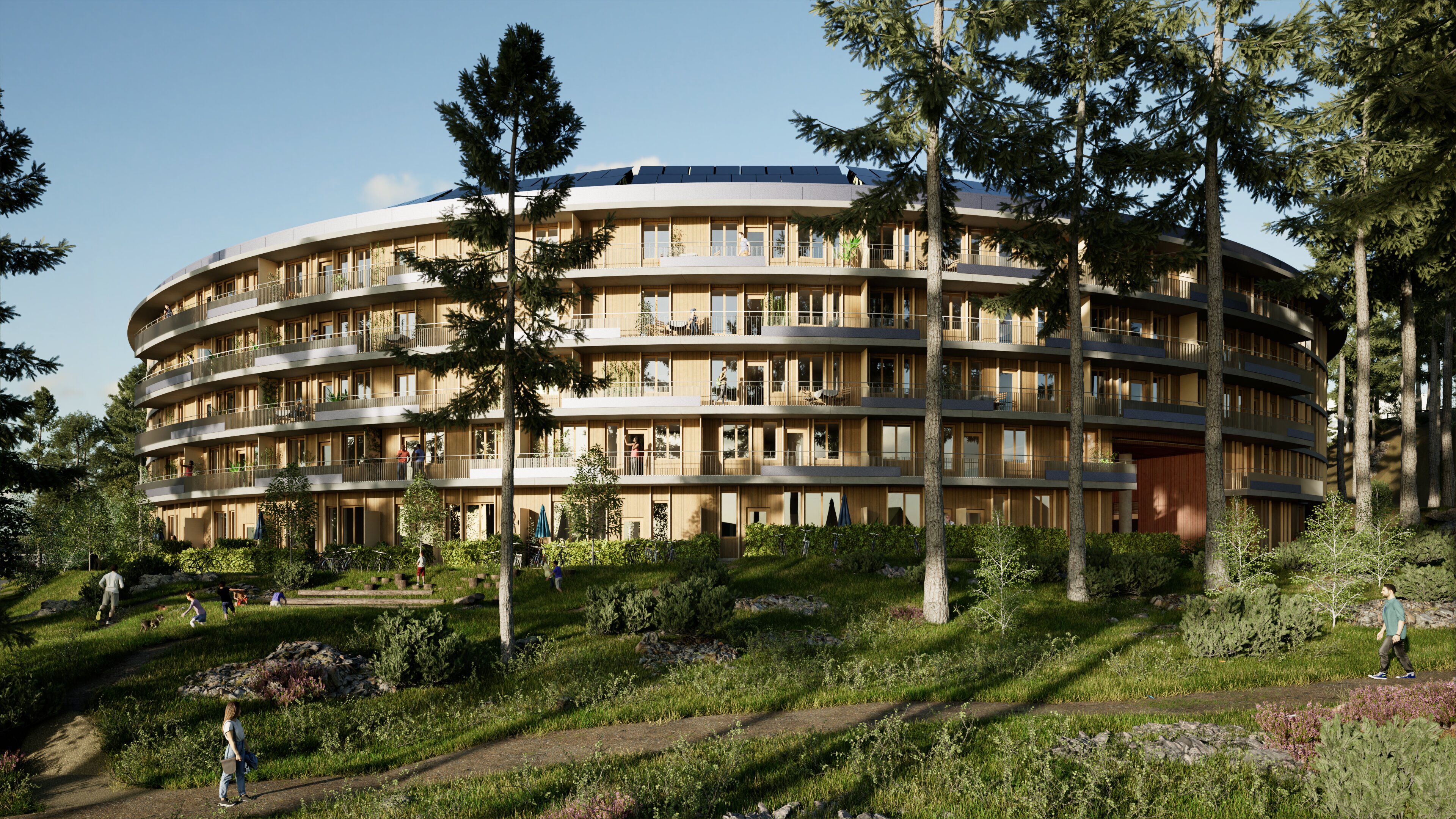 Illustrasjon av fasaden på Oen med trær og grønt gress i forgrunnen.