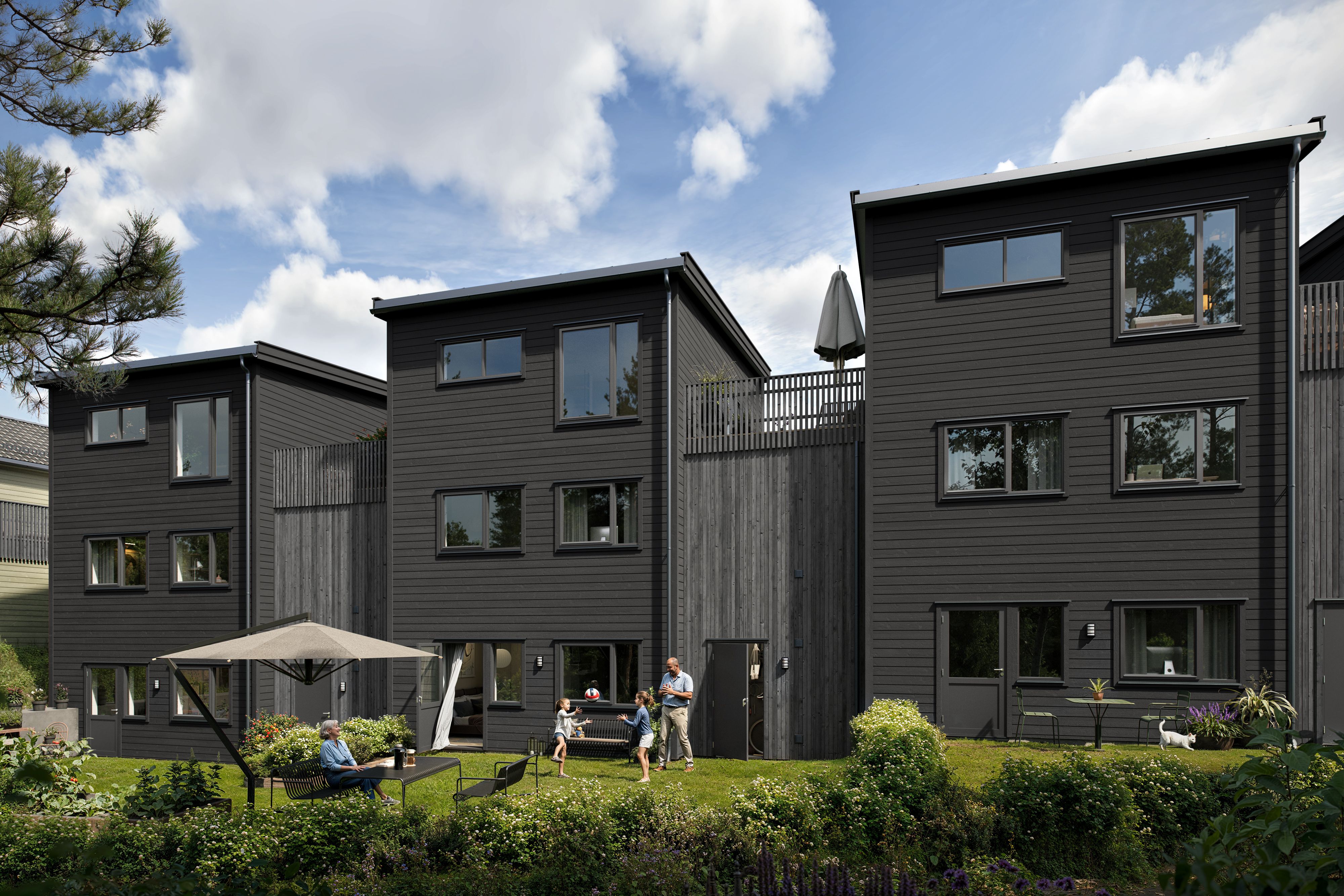 Illustrasjon av eneboliger i kjede, av hustypen Kruttverket, hus 15, i boligprosjektet Jessheim Sørøst