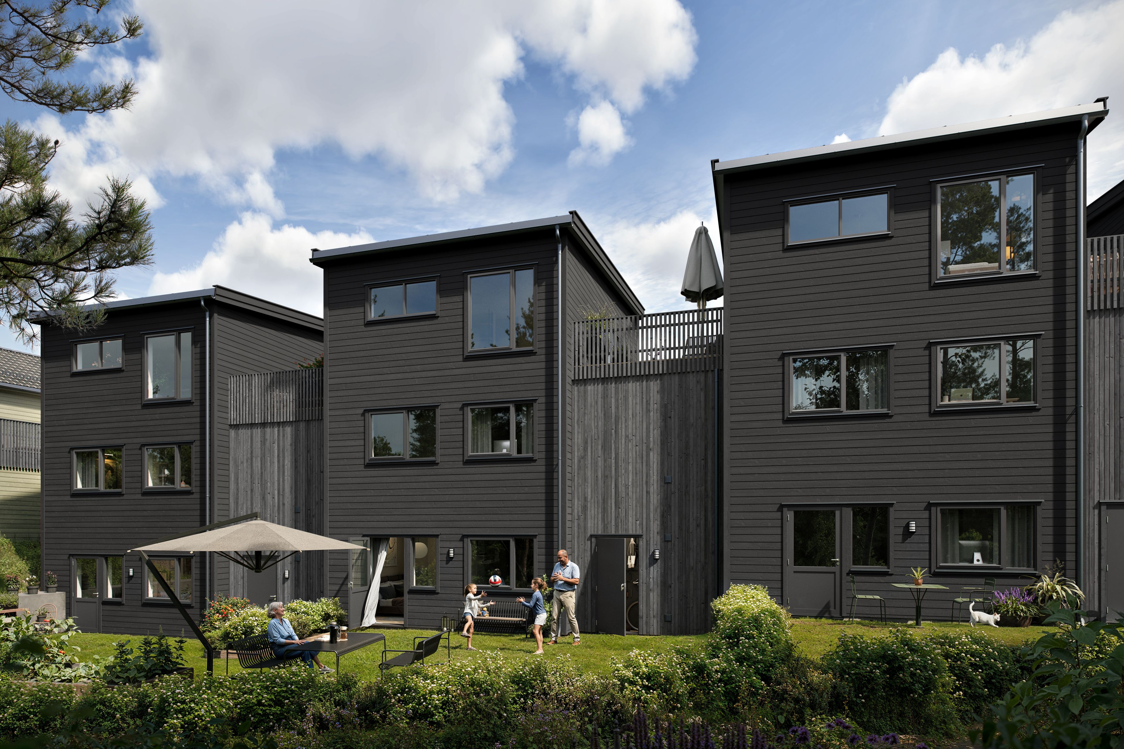 Illustrasjon av eneboliger i kjede, av hustypen Kruttverket, hus 15, i boligprosjektet Jessheim Sørøst