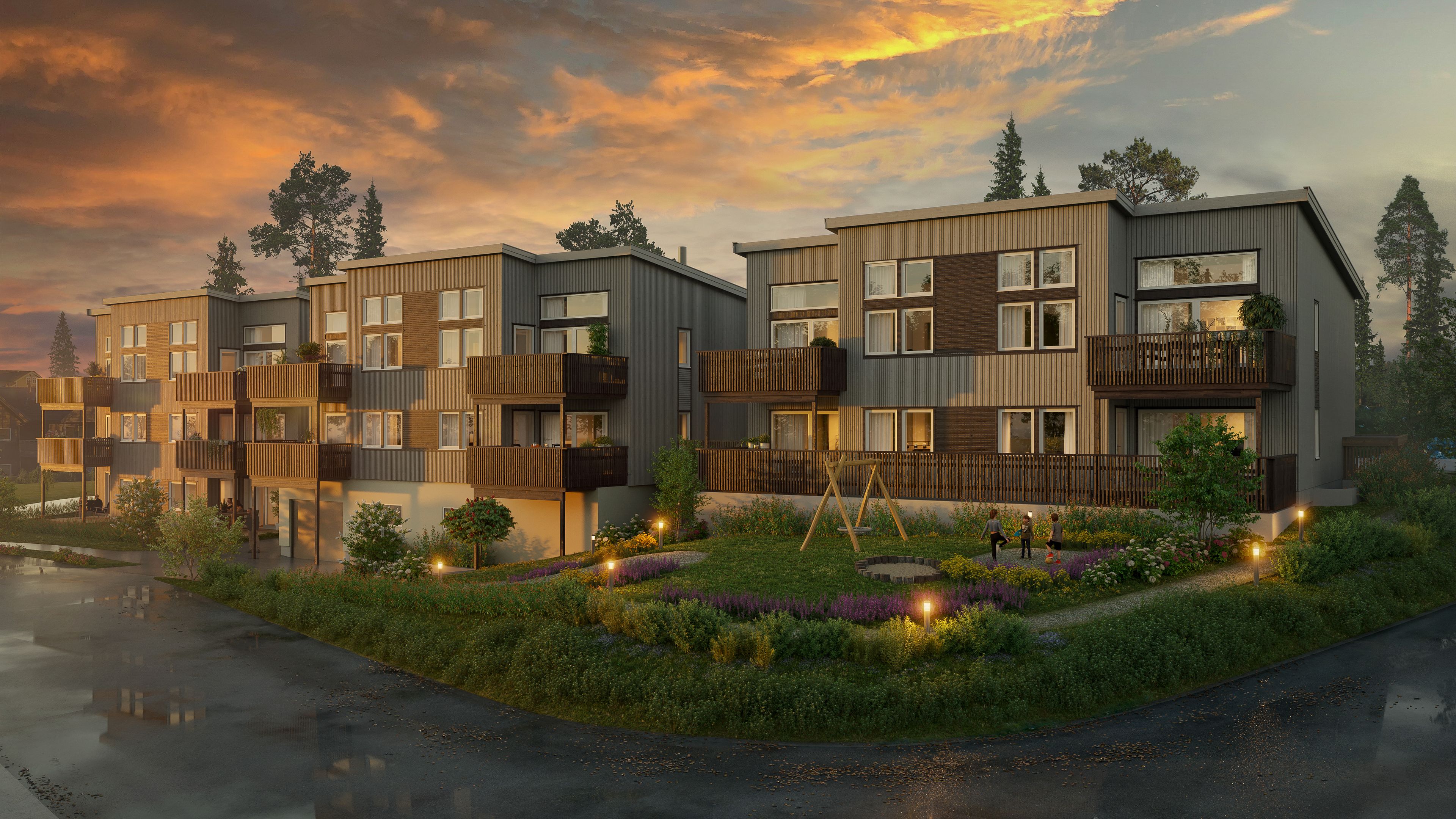 Illustrasjon av fasade på leilighetsbyggene hus 1–3, på Eltonåsen Syd, BKS5.