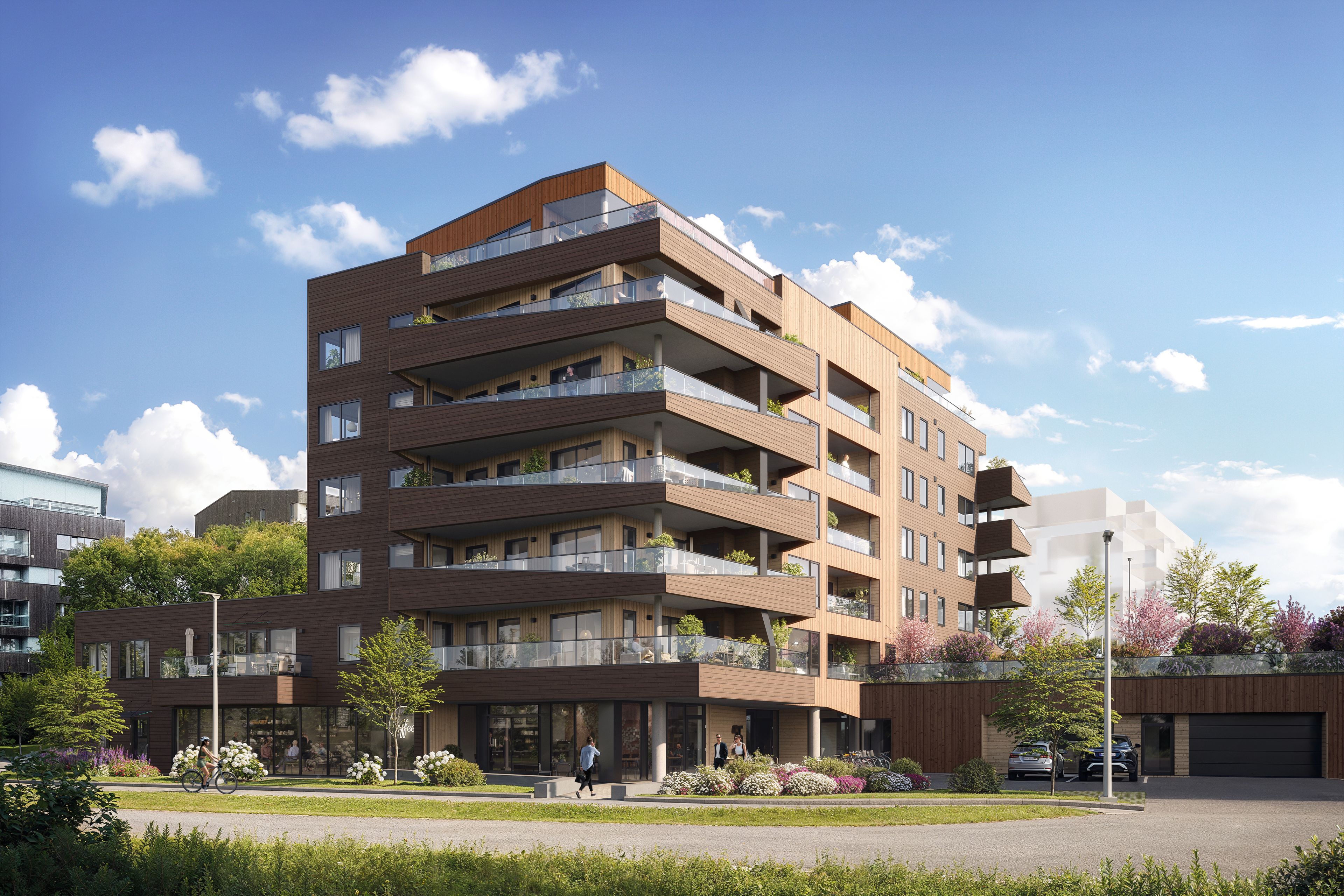 Illustrasjon av fasade på leiligheter i Skadberg Vest, sett fra nord