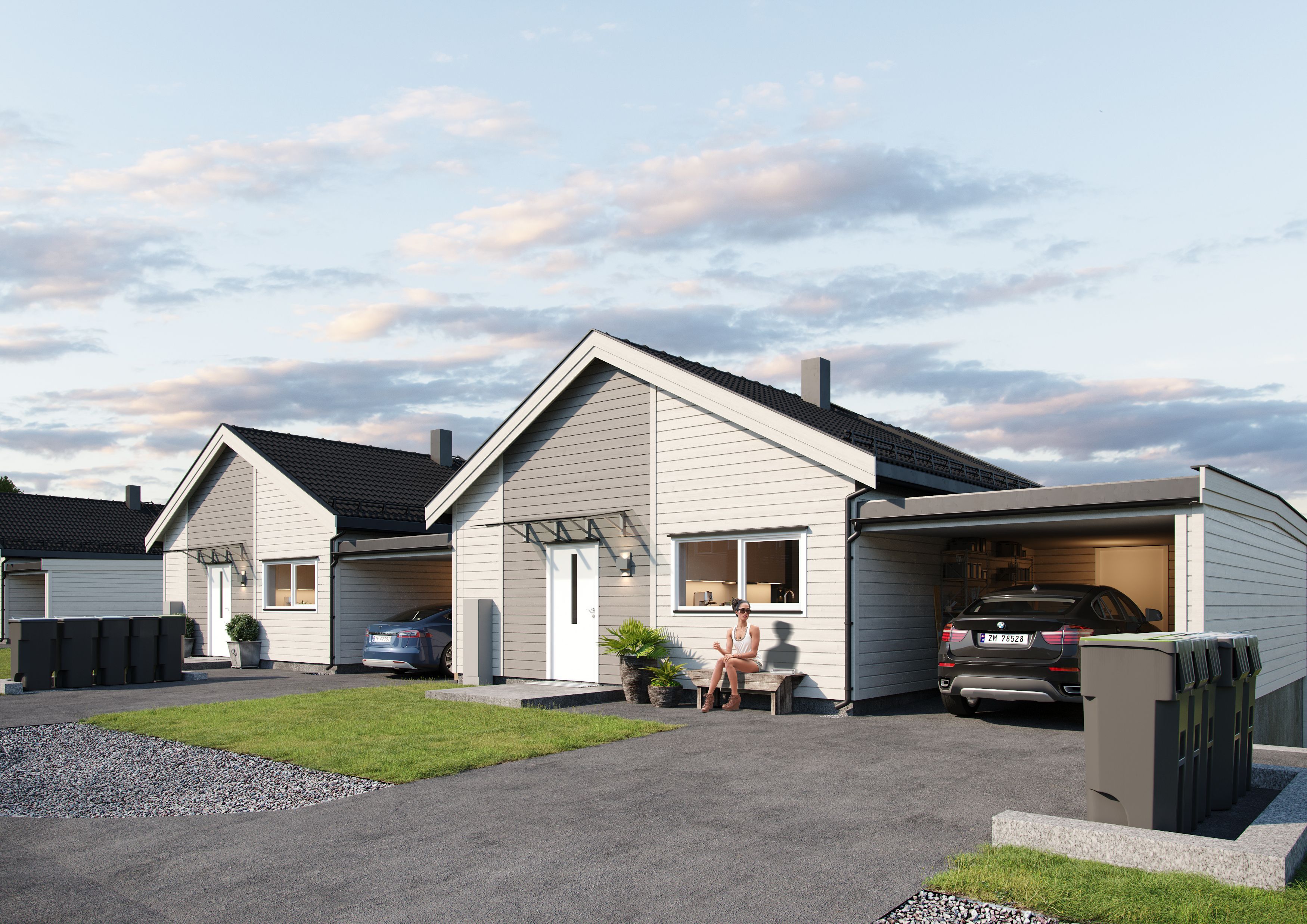 Illustrasjon av fasade på hus 14 og 15 med egen garasje og en kvinne som sitter på en benk utenfor inngangsdøren.
