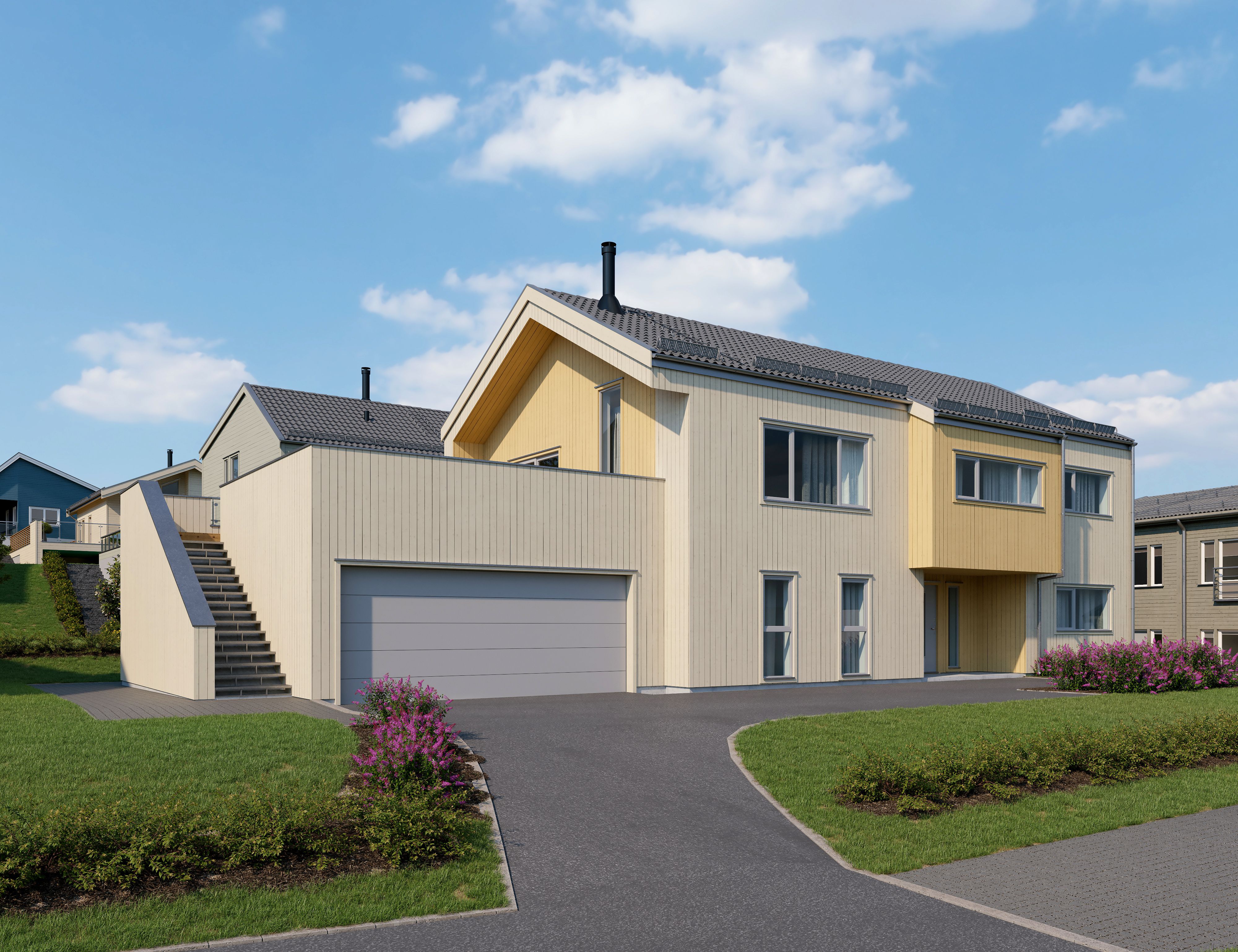 Illustrasjon av enebolig, hus 4, på Bjørnstad BF11. Sett fra inngangssiden.