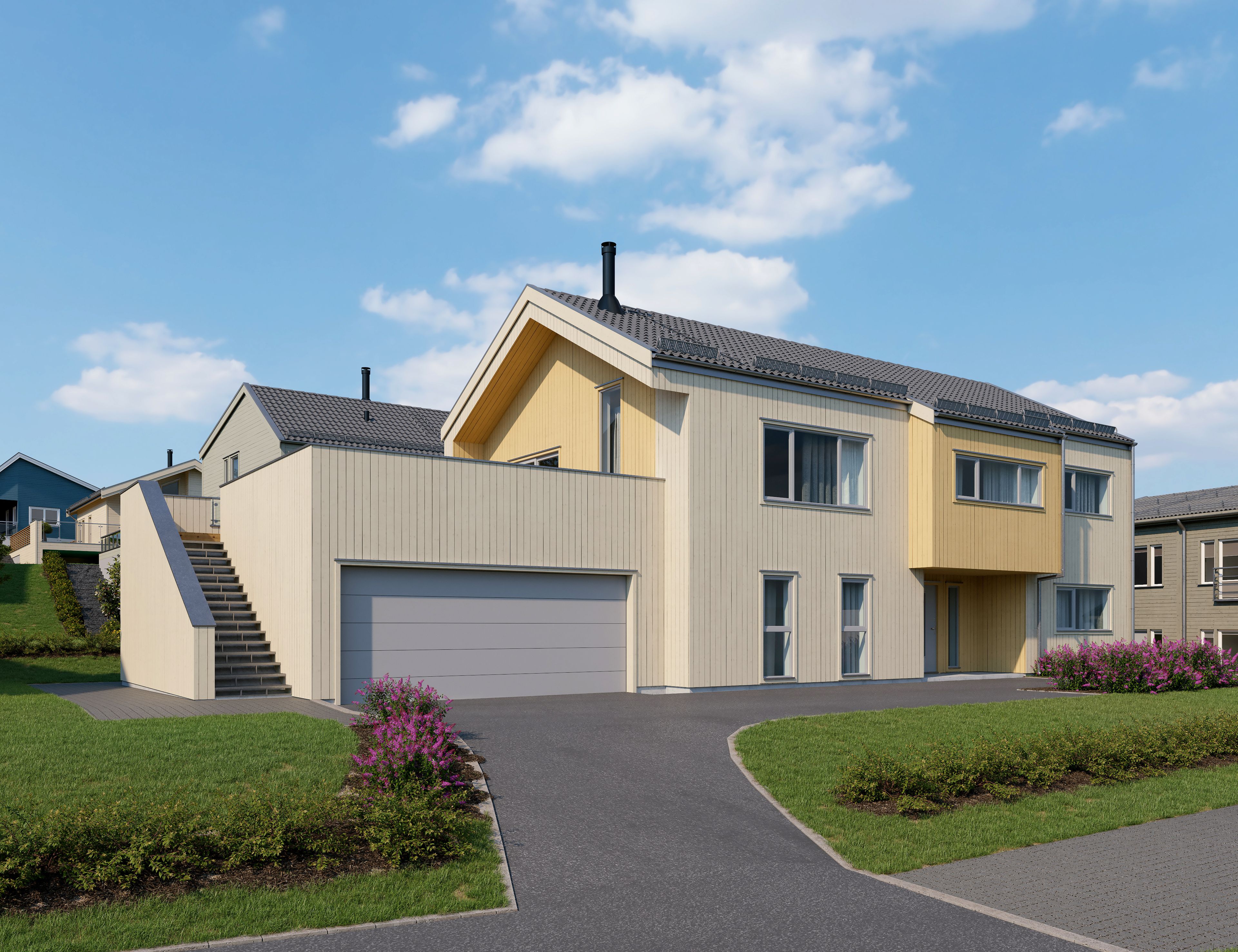Illustrasjon av enebolig, hus 4, på Bjørnstad BF11. Sett fra inngangssiden.