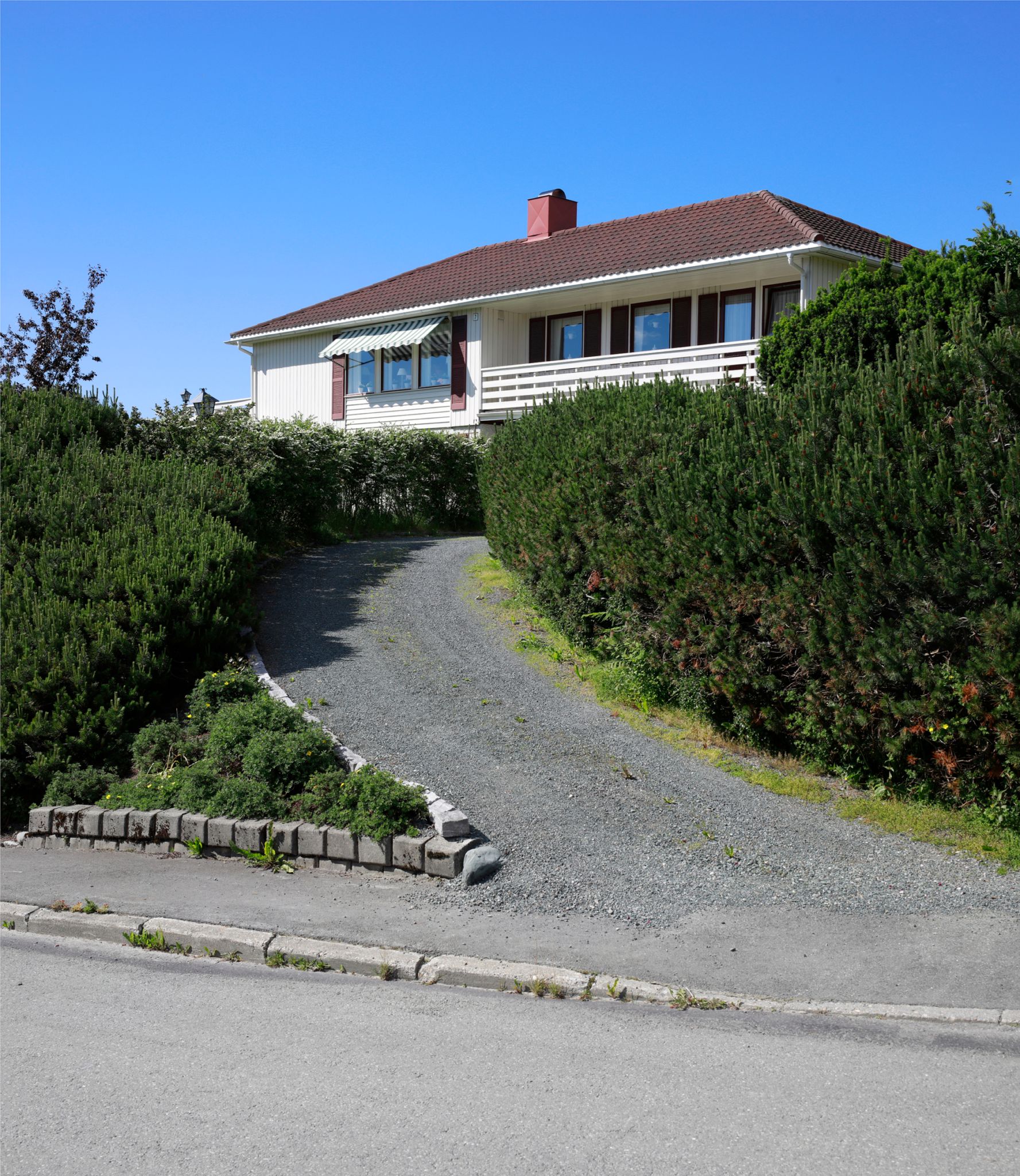 Bildet viser en bakke opp til et hvitt Block Watne-hus.