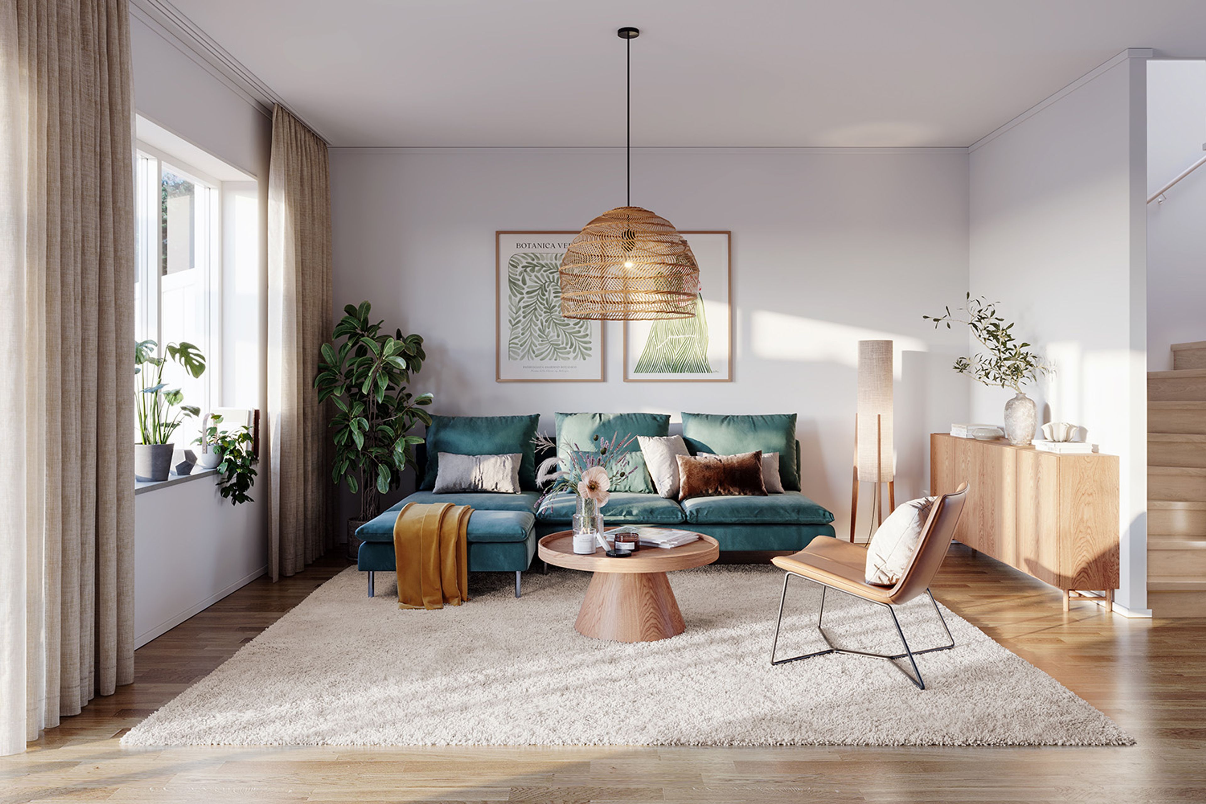 3D illustration av vardagsrum med soffgrupp rakt fram, trappa upp till ovanvåningen till höger och altandörr till vänster
