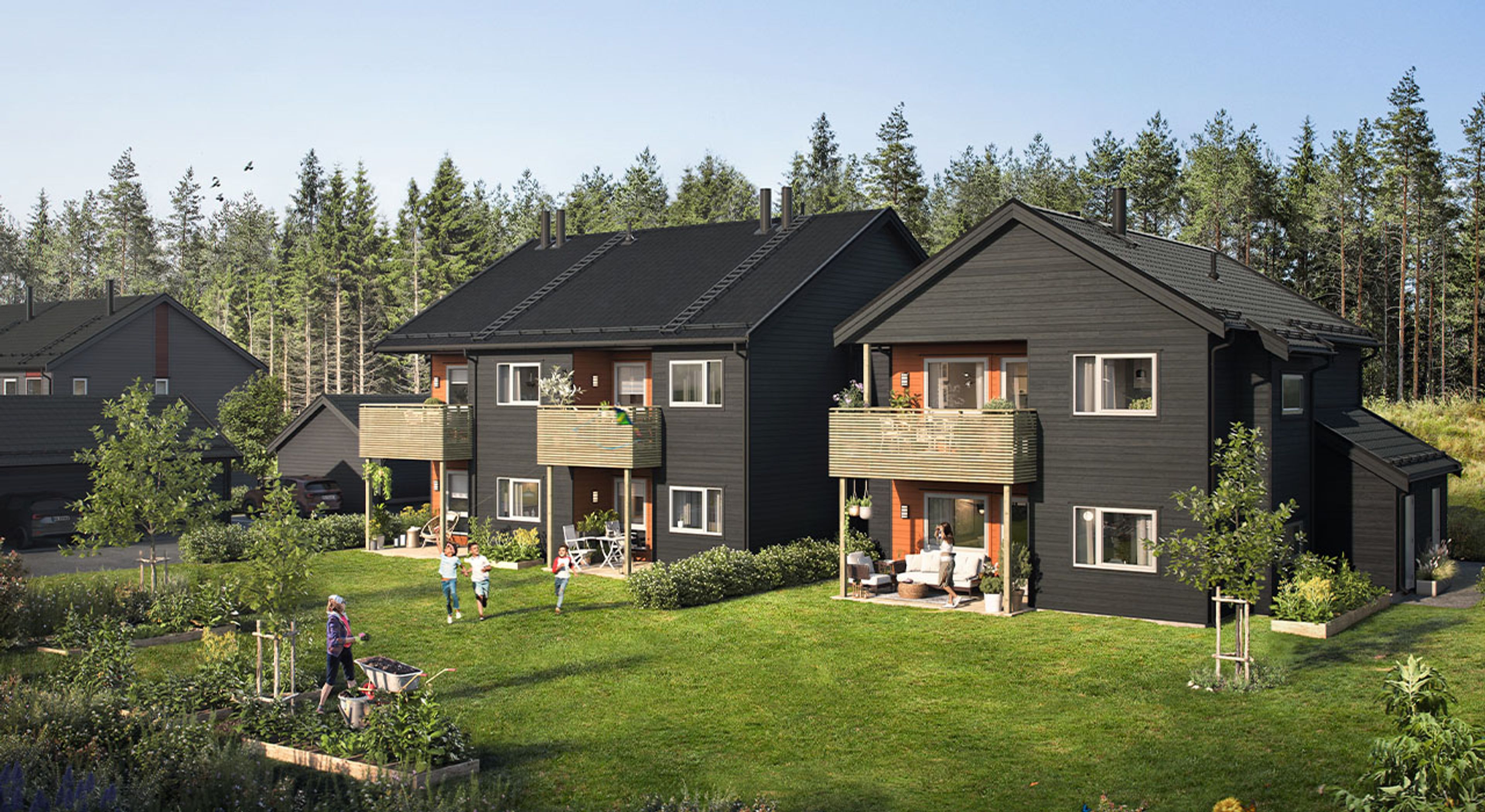 Illustrasjon av flermannsbolig med hage på Bergermoen park