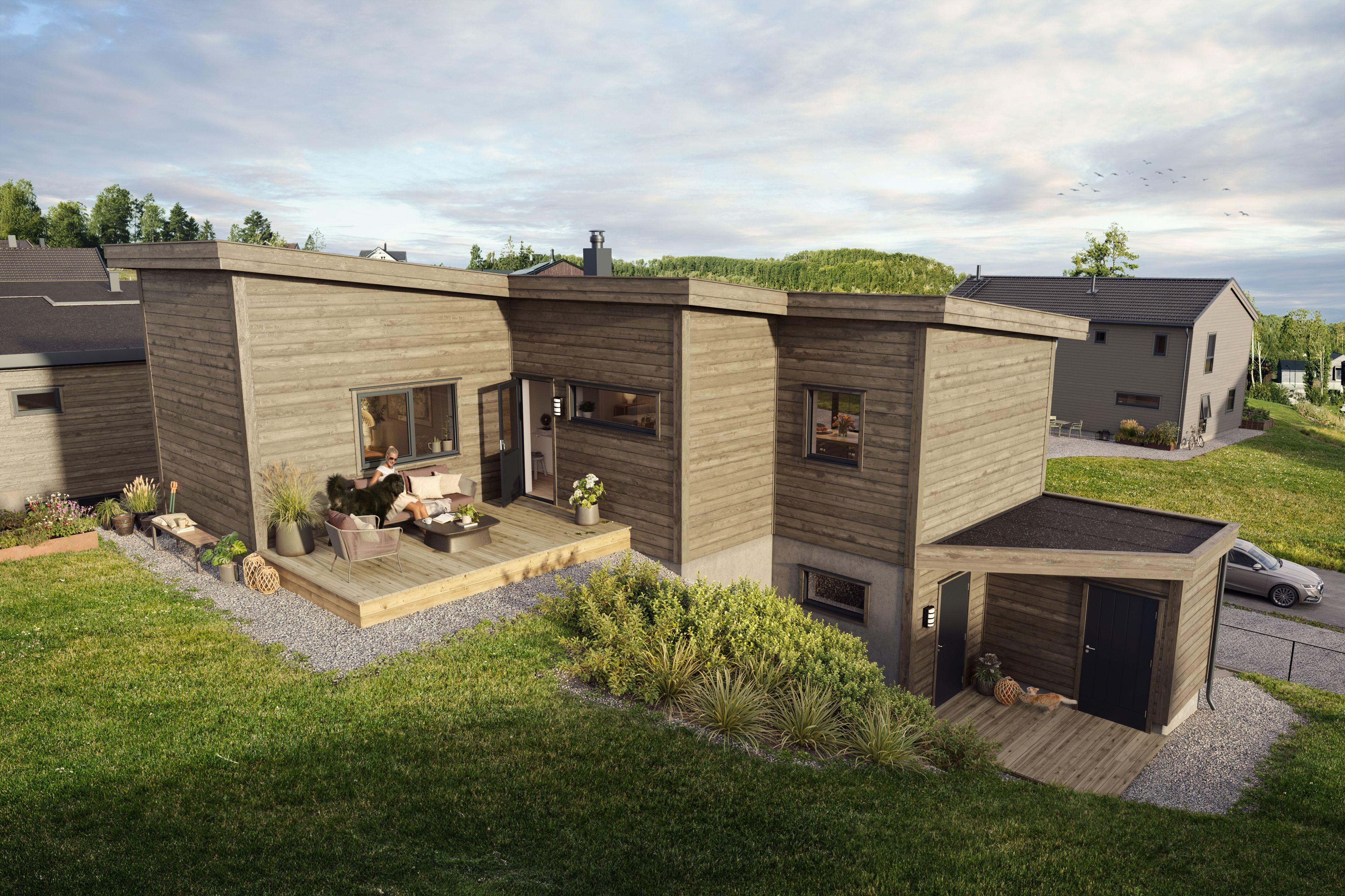 Illustrasjon av Trekanthuset, hus 8 (og 7), sett bakfra, på Engetoppen.