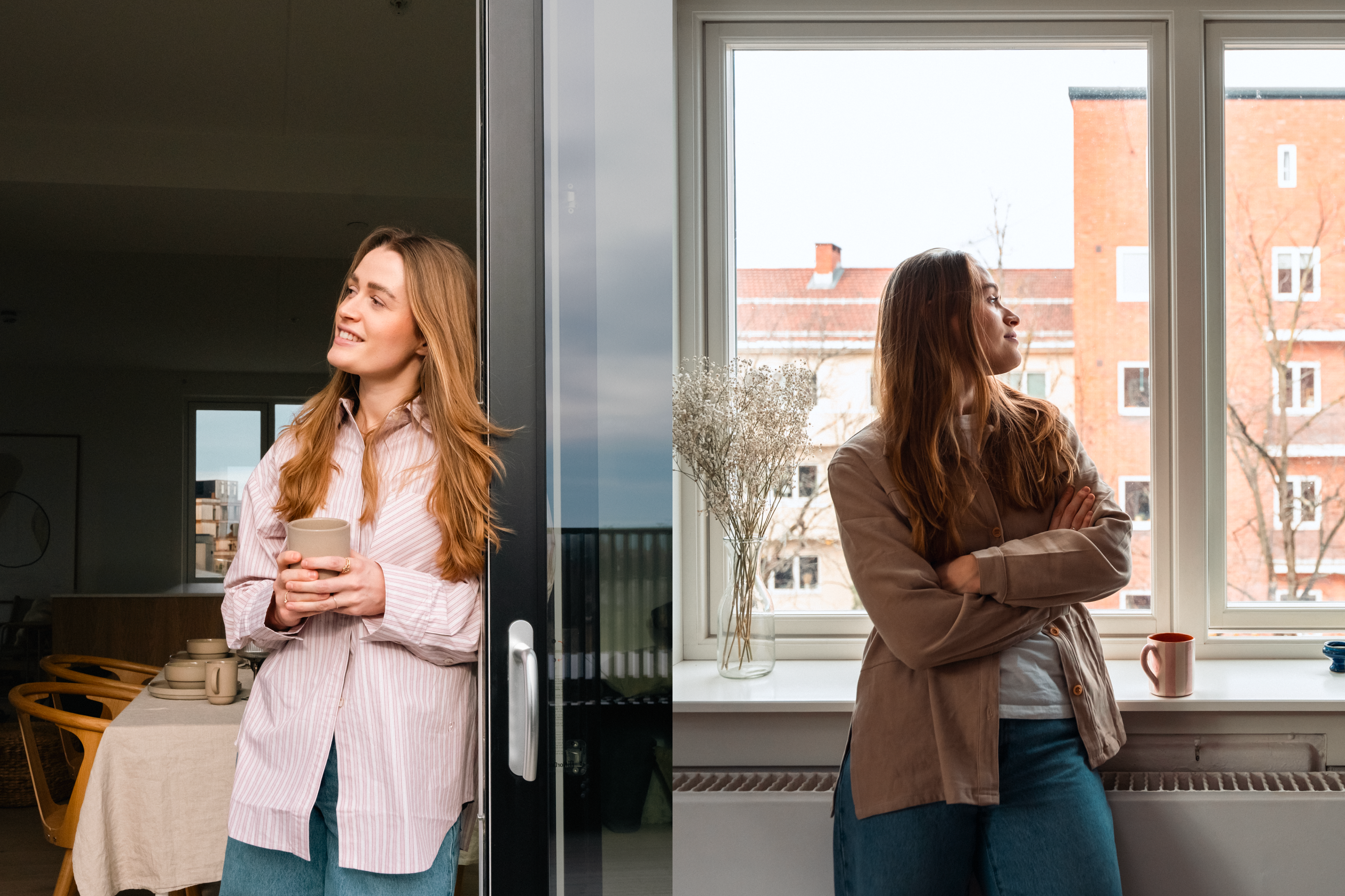 Foto av kvinne som står og ser ut gjennom balkongdøra i nybygg på venstre side VS kvinne som står og ser ut av vinduet på høyre side.