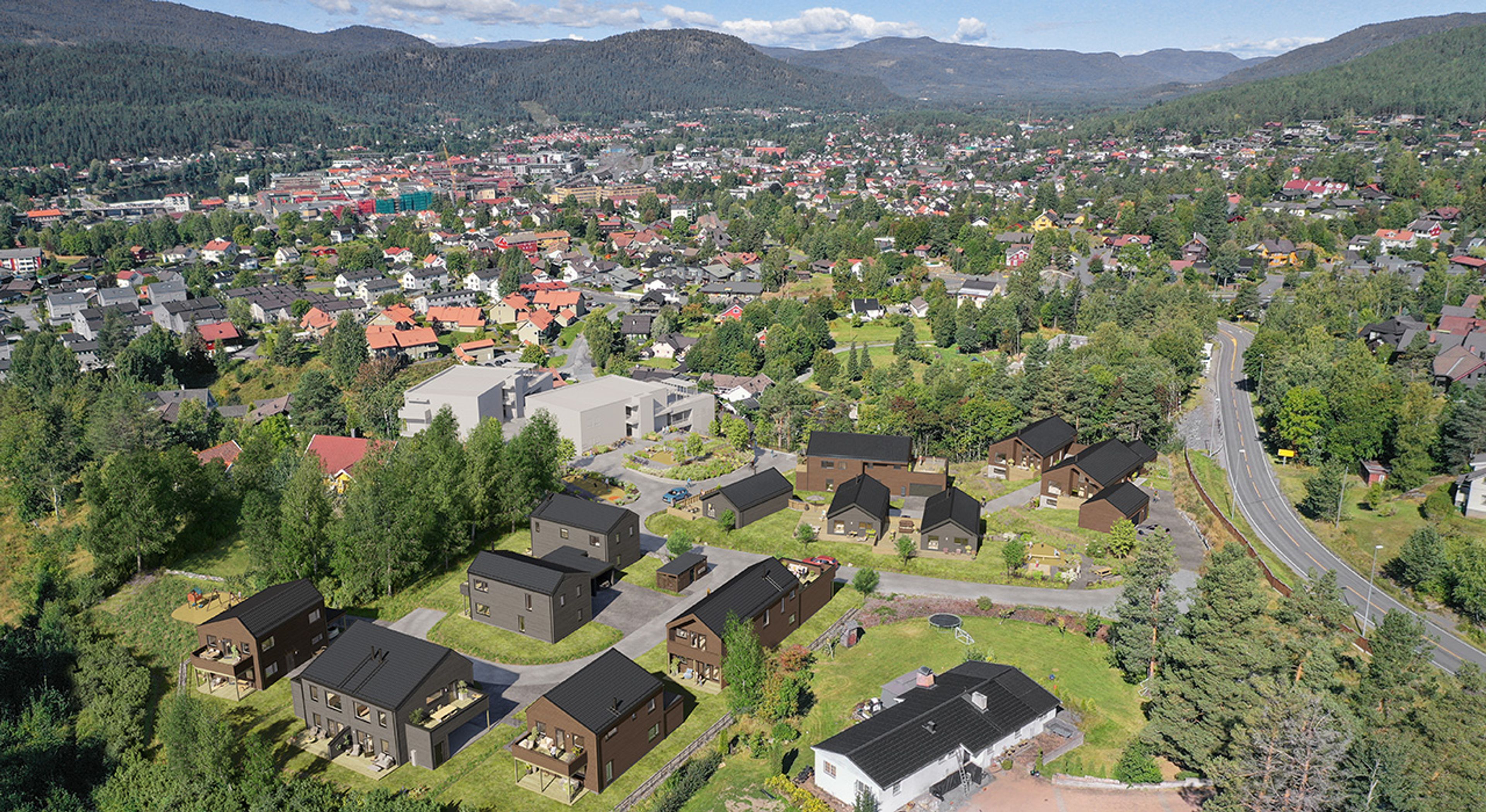Illustrasjon av boligene på Stertebakke Allé C7 med nærområdet i bakgrunnen