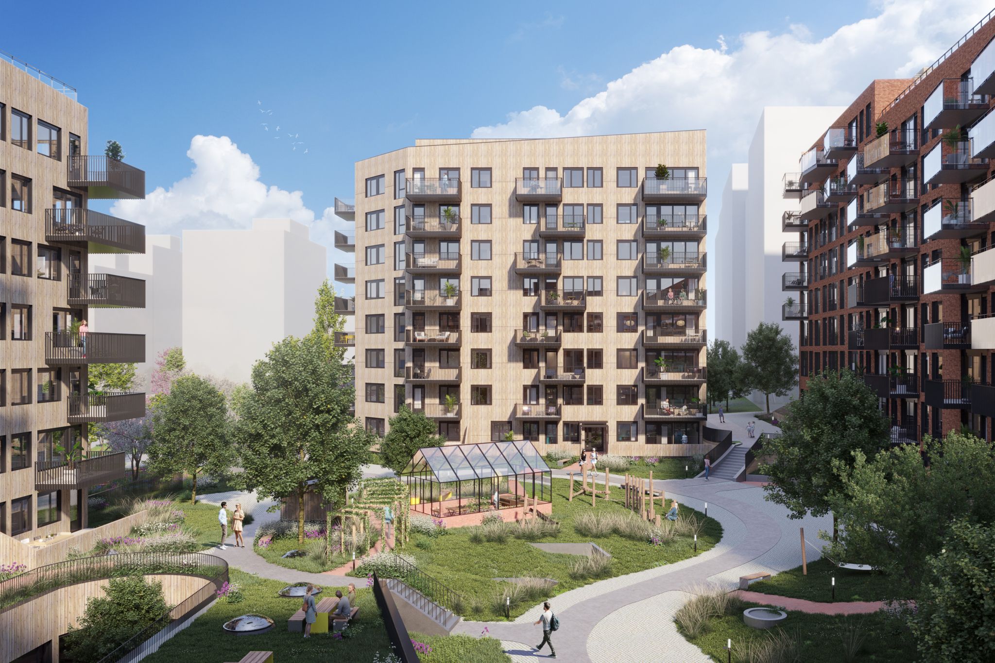 Illustrasjon av fasaden og bakgården til Løren botaniske.