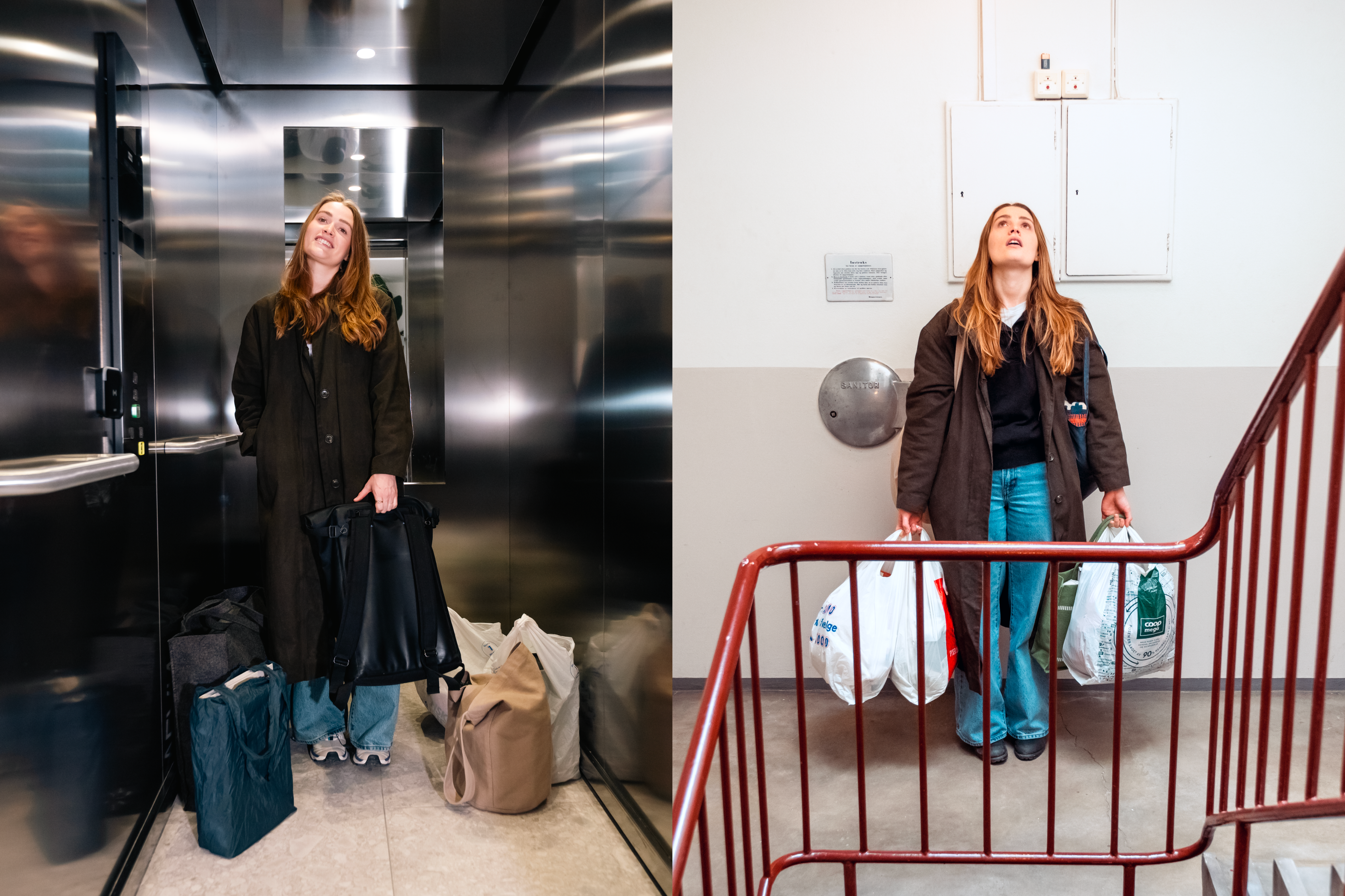Foto av kvinne med mange poser og bagger stående i heis i nybygg på venstre side, og i trappeoppgang på høyre side.