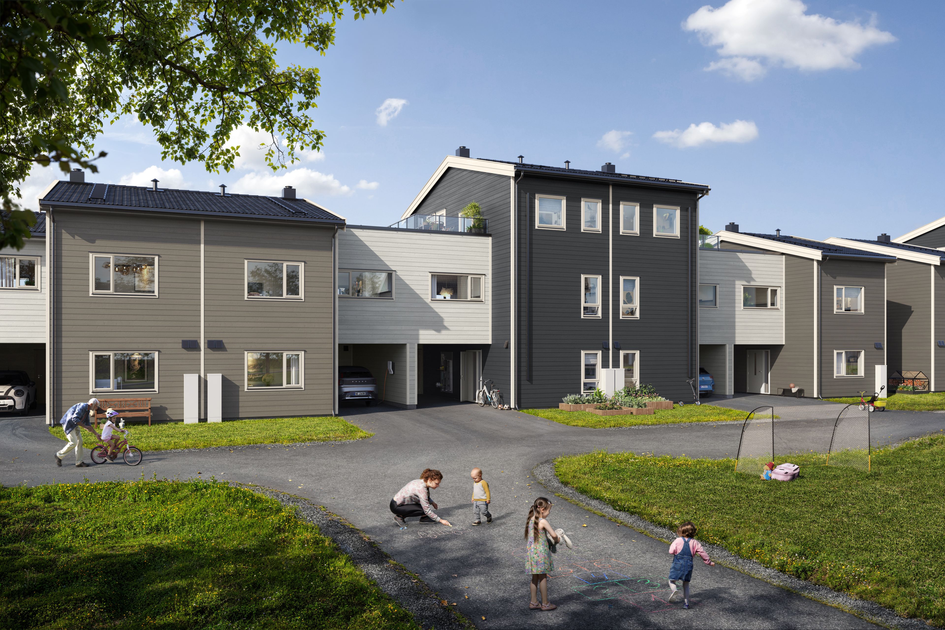 Illustrasjon av rekkehus, sett fra inngangssiden, på Willersrudjordet