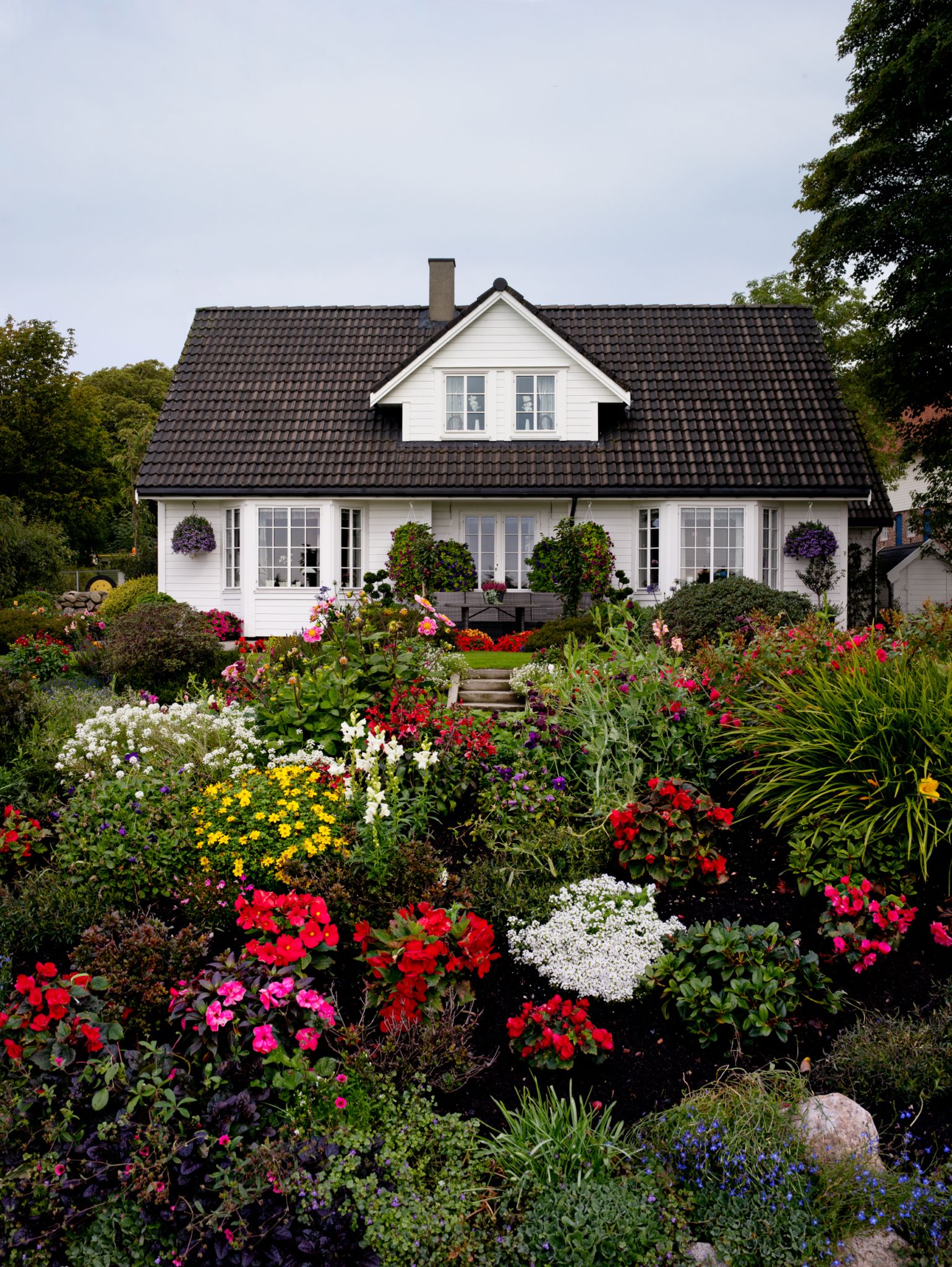 Bildet viser et Block Watne hus med stor, frodig hage i forgrunnen.