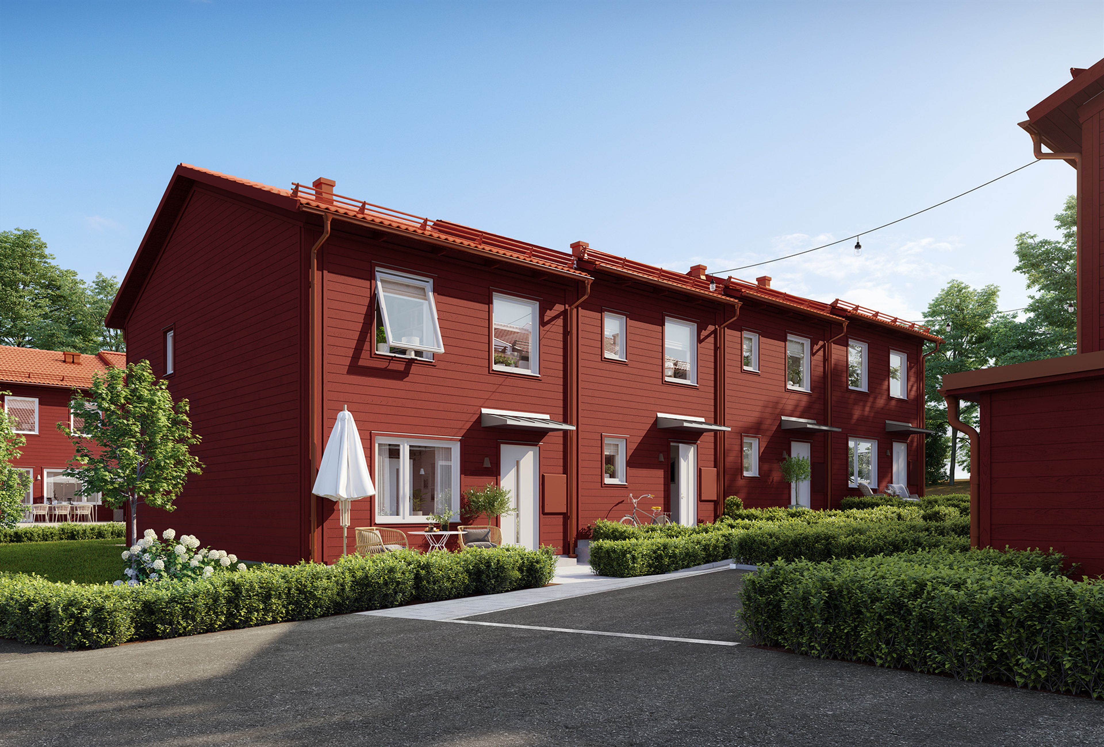 Illustration av entresidan till röda radhus i Brf Sommarglädjen