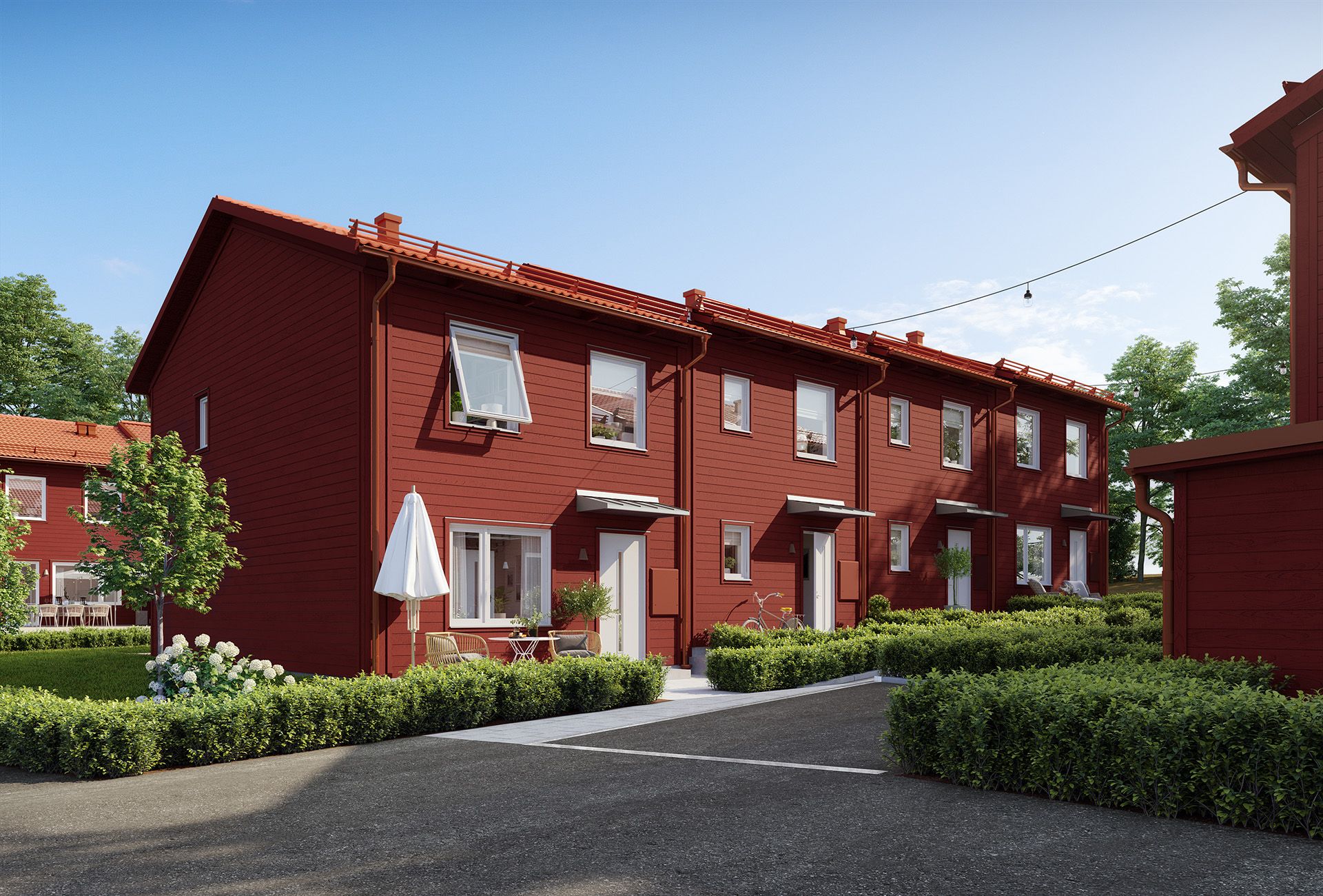 Illustration av entresidan till röda radhus i Brf Sommarglädjen