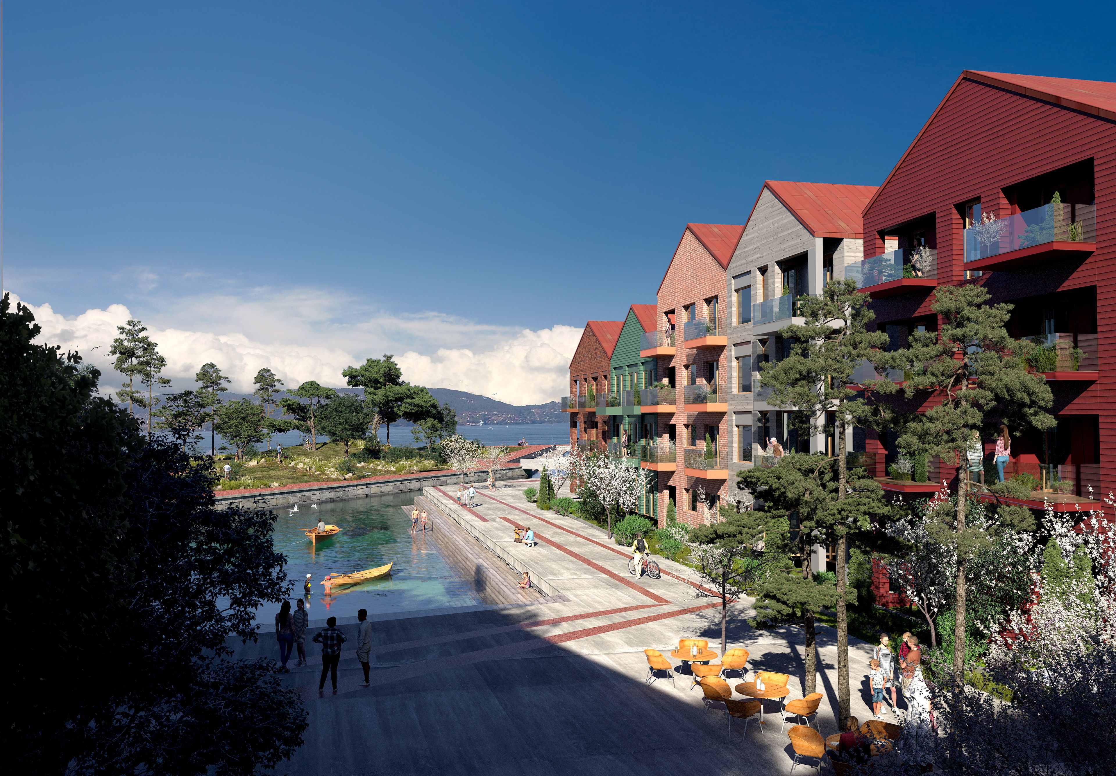 Illustrasjon av husene i Kristiansholm med brygge på sommeren.