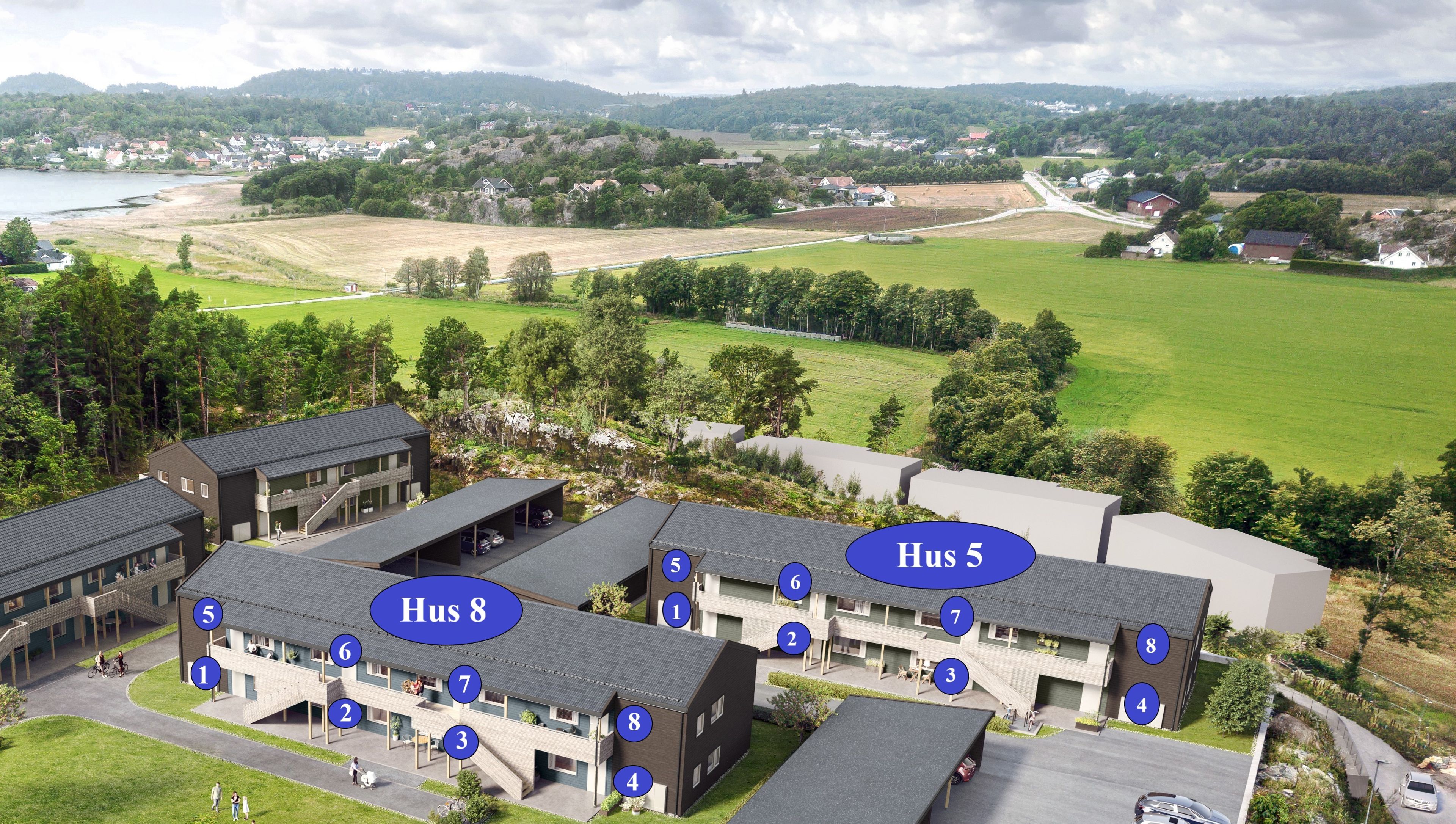 Oversikt over Solkollen DF2, hus 5 og 8, med nummerering