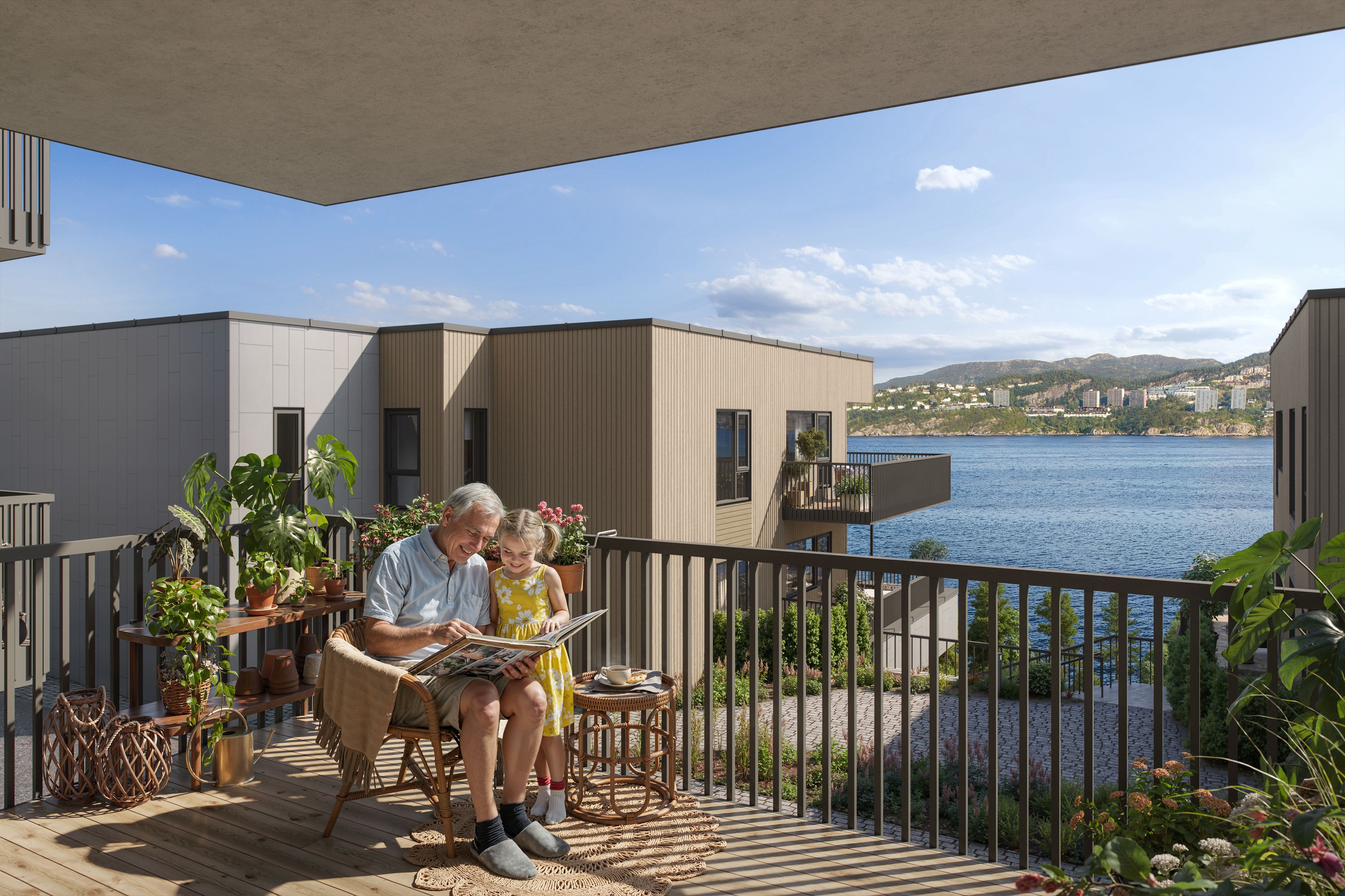 Illustrasjon av balkong i leilighet D05, blokk D, på Byfjordporten.