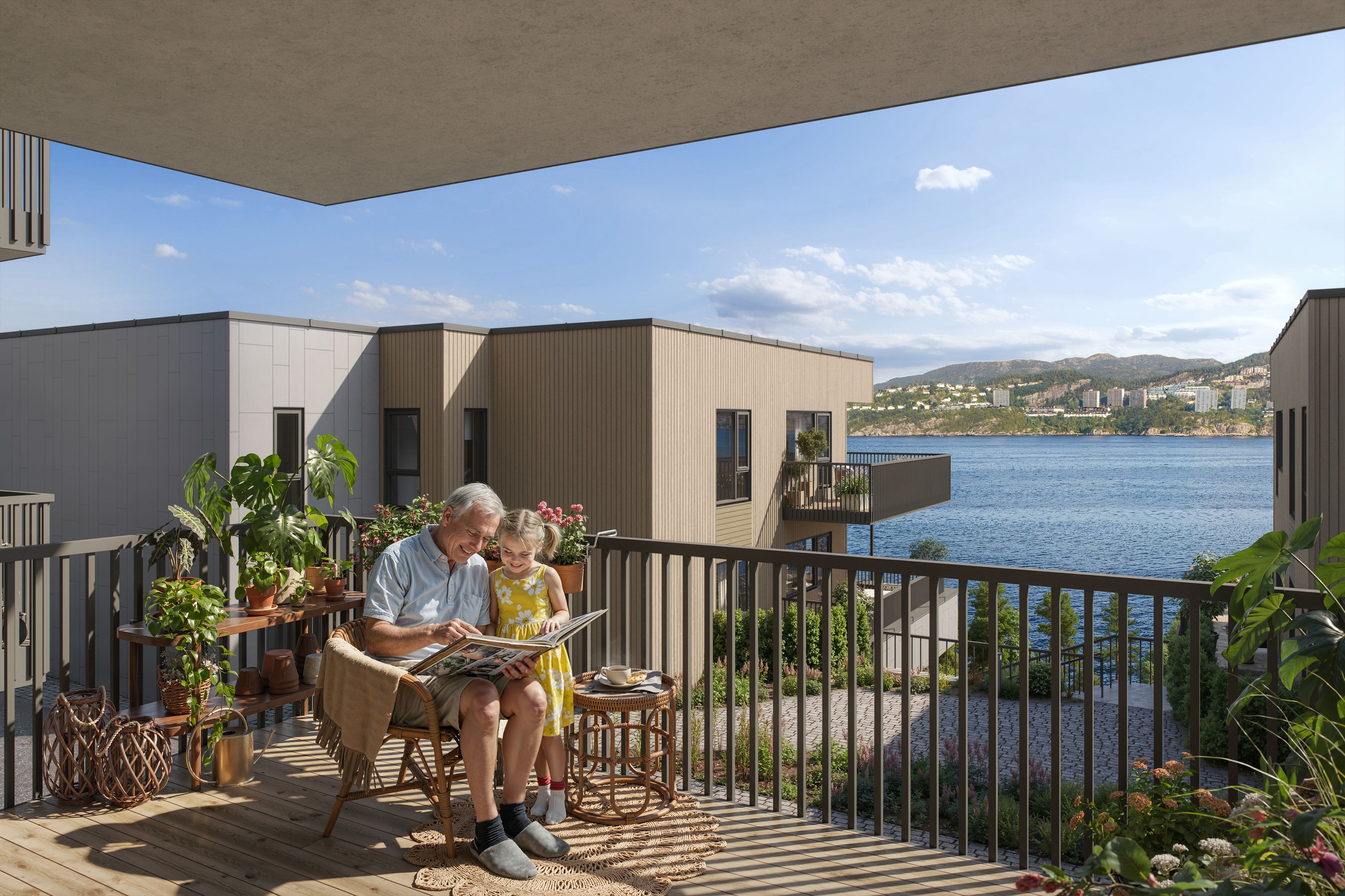 Illustrasjon av balkong i leilighet D05, blokk D, på Byfjordporten.