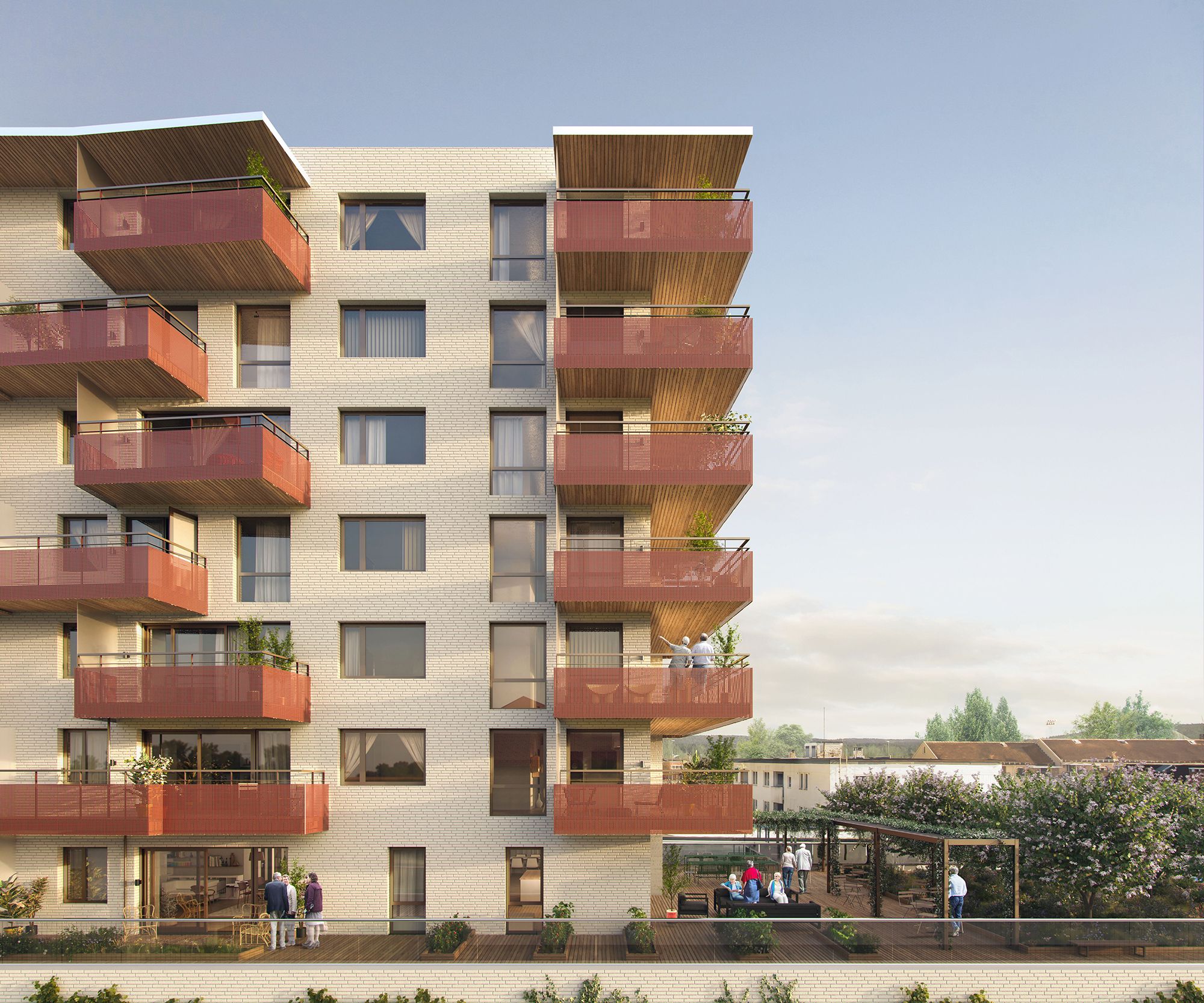 Illustrasjon av fasade med røde balkonger i Bølgelengden borettslag på Lambertseter.