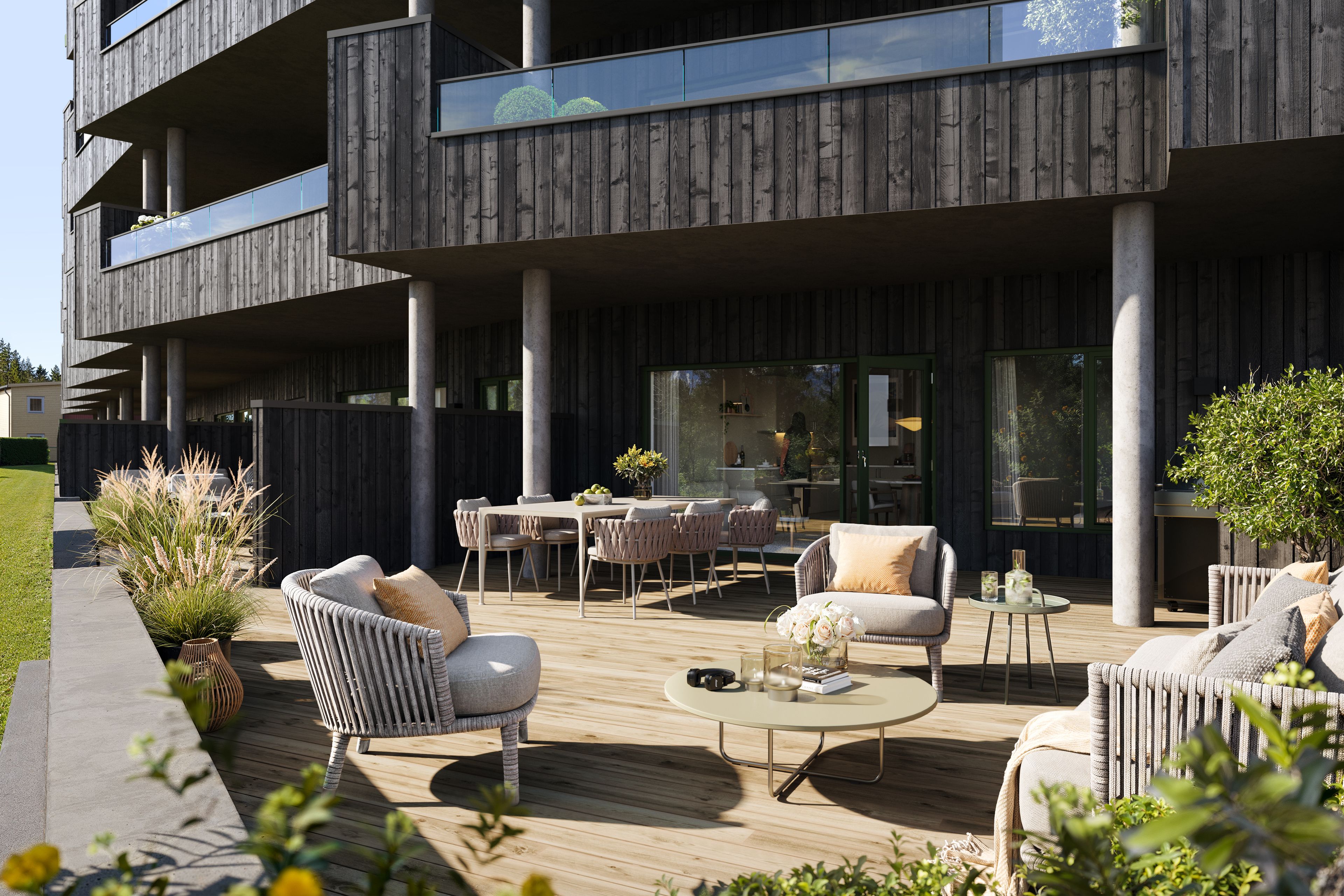 Illustrasjon av terrasse i leilighet H0101, på Fjordsyn.