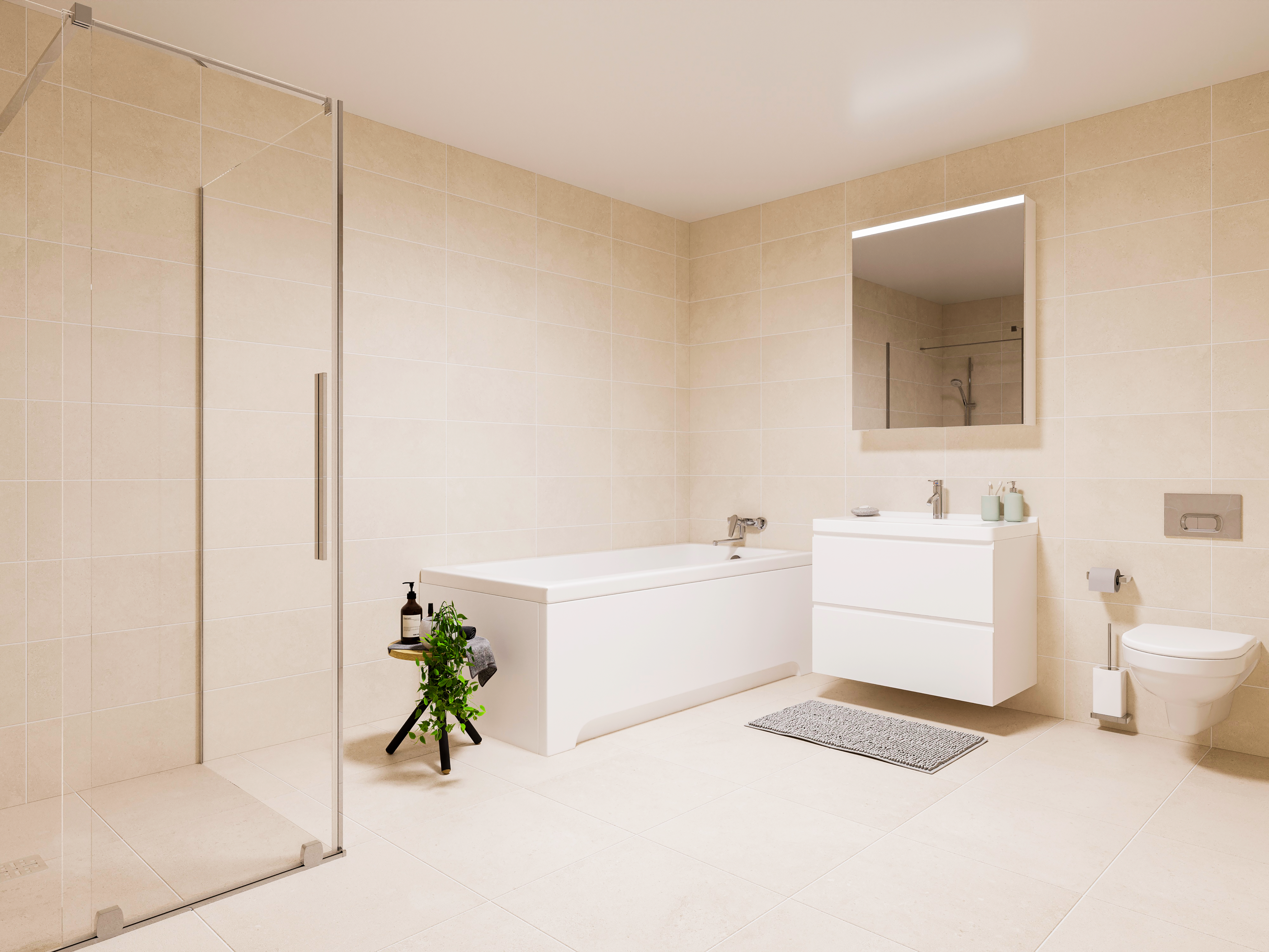 Illustrasjon av bad med lyse fliser og møbler. Badet er romslig og det er har et badekar, dusj og toalett.