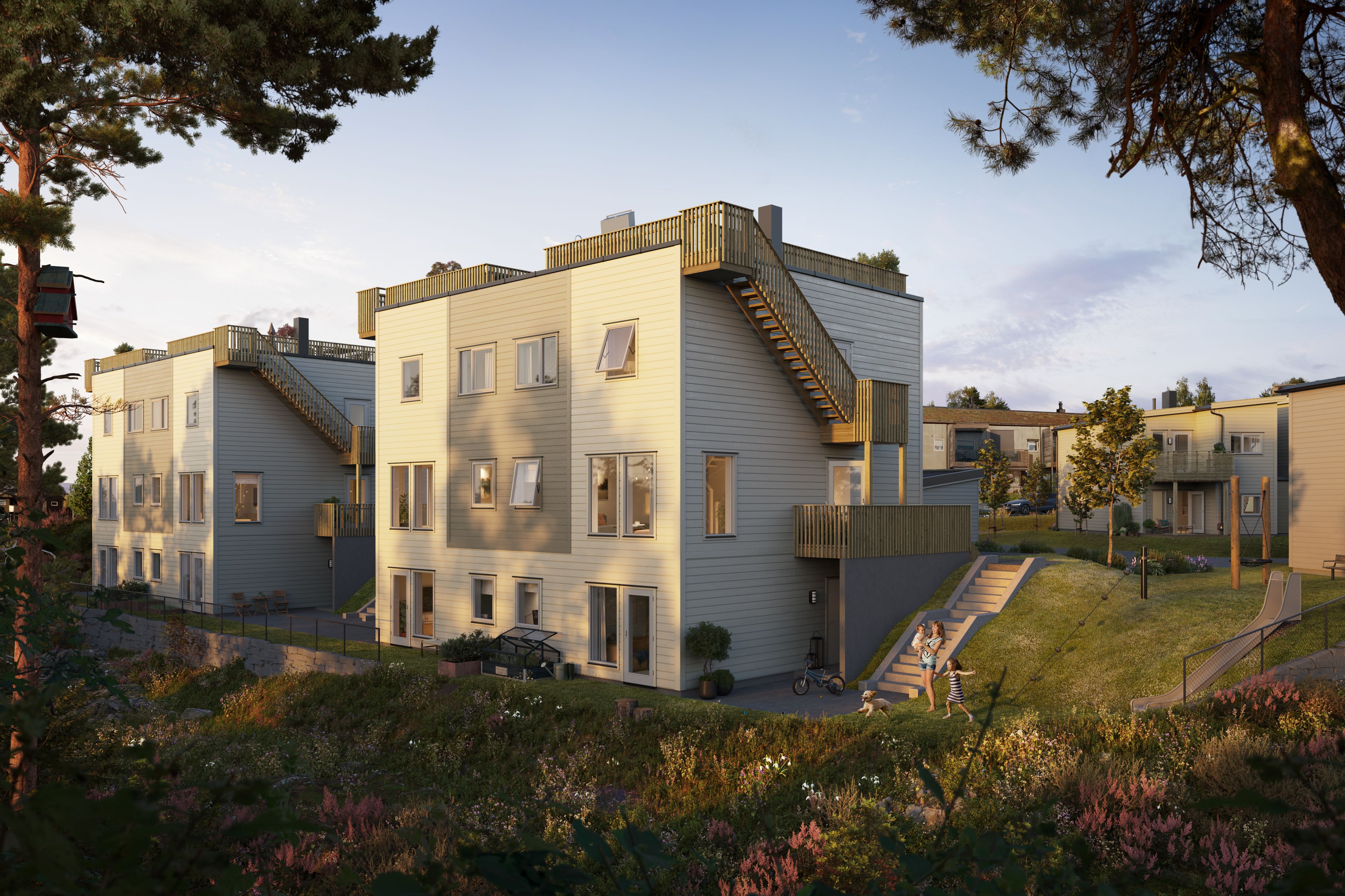 Illustrasjon av tomannsboligene på Eltonåsen Syd, BKS10, sett fra hagesiden