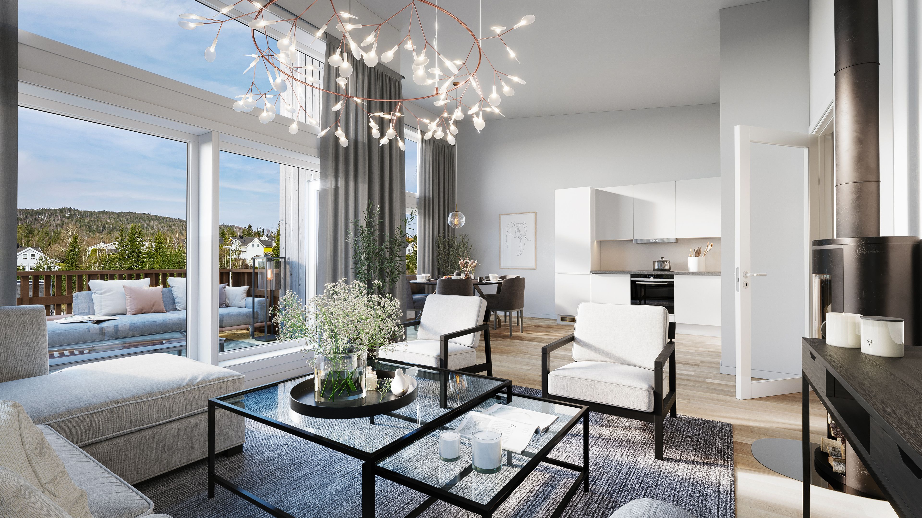 Illustrasjon av stue mot kjøkken og terrasse i leilighet i hus 1–3, på Eltonåsen Syd, BKS5.