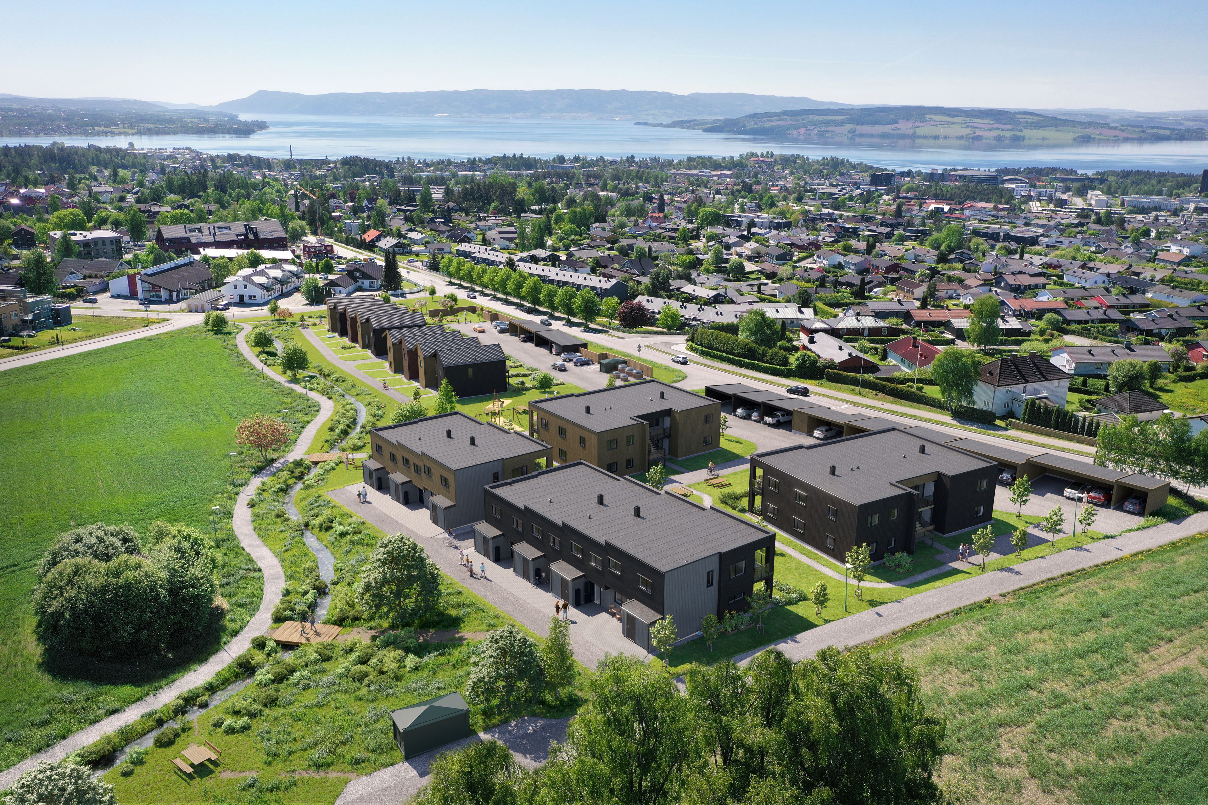 Oversiktsillustrasjon som viser boligene på Smitunet, med rekkehus og leiligheter i front