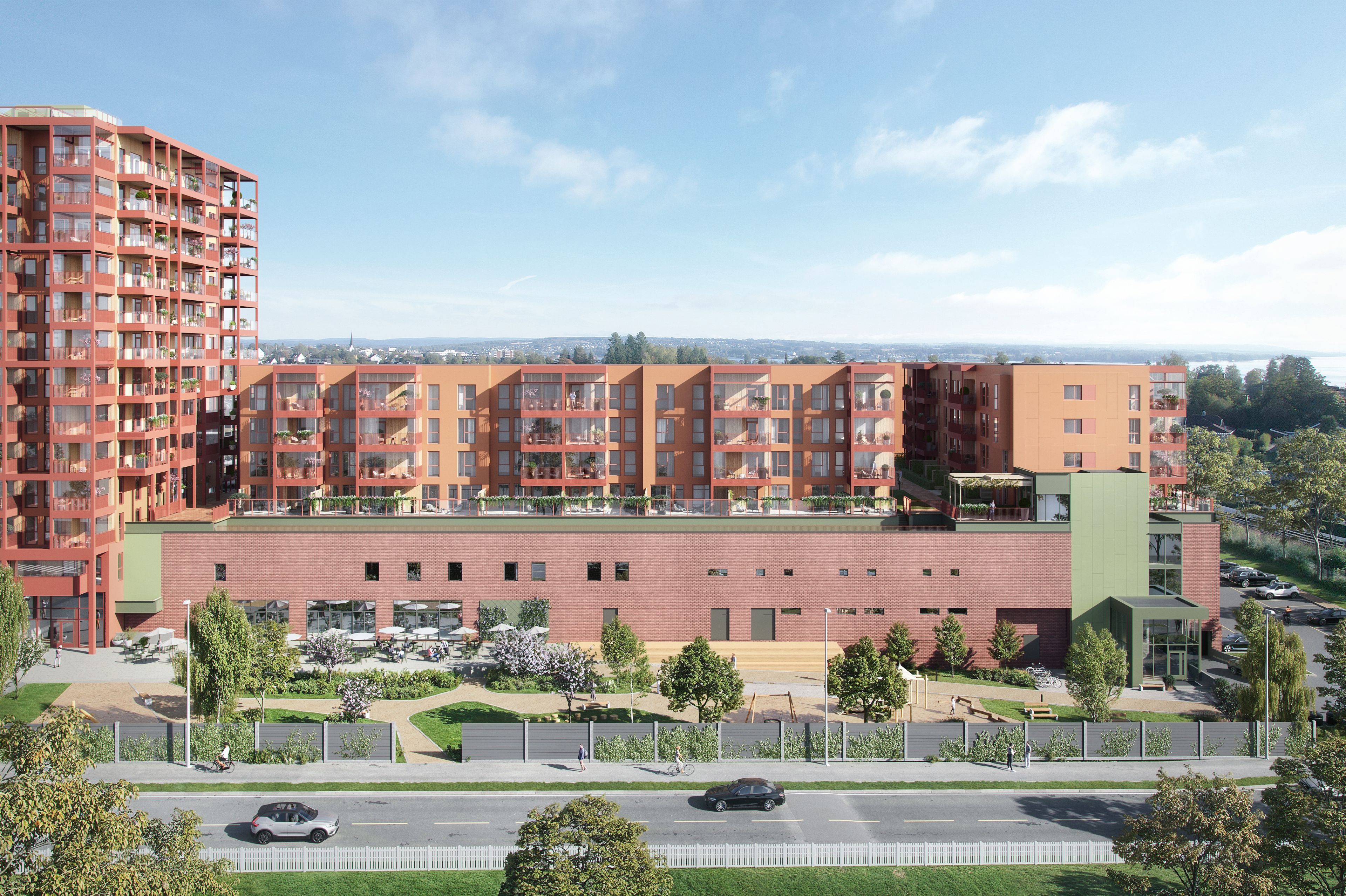 Illustrasjon av fasaden til bygg B. Laget i fugleperspektiv.