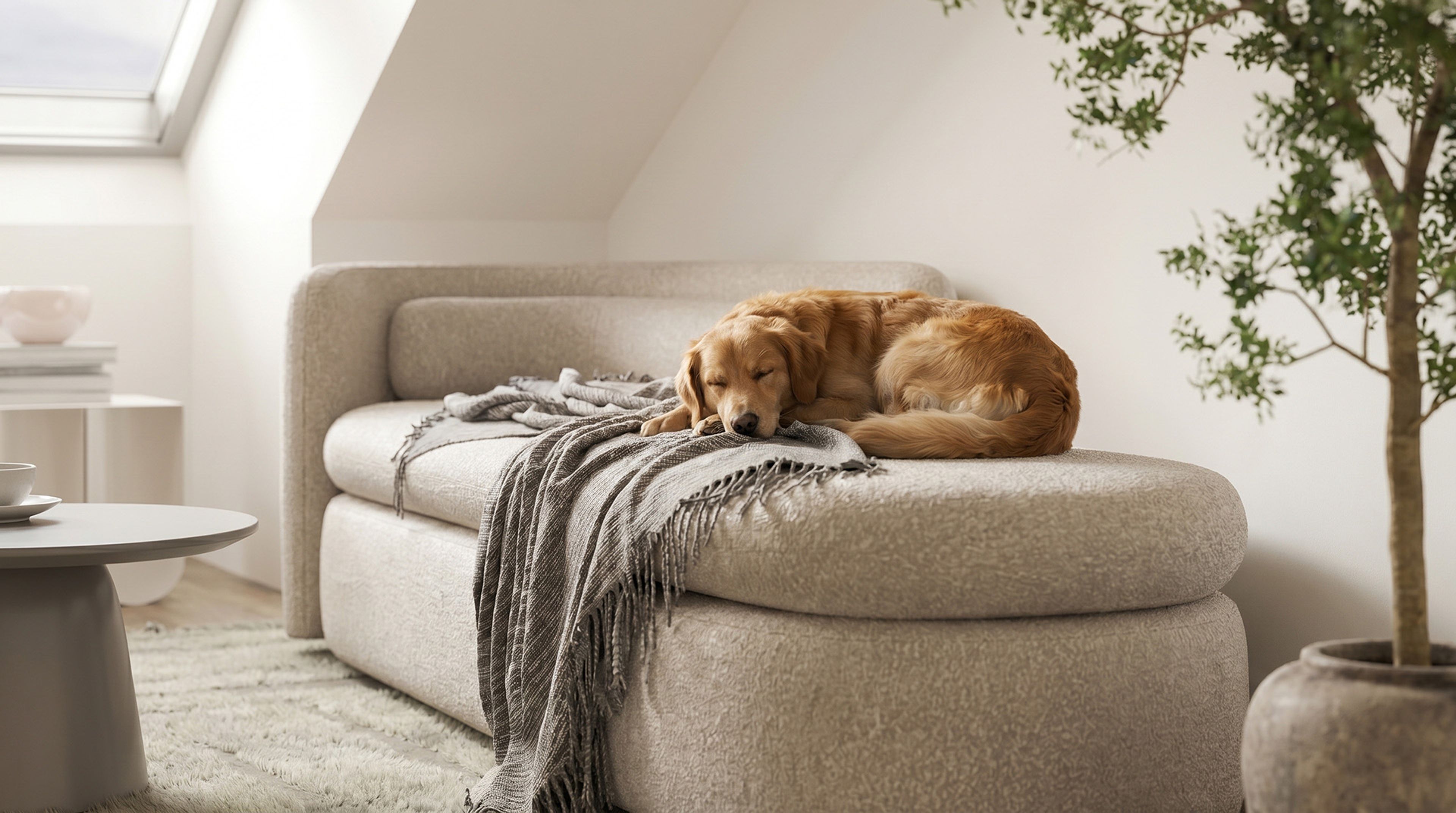 Detaljbild hund som sover i soffan i allrummet i etagelägenhet