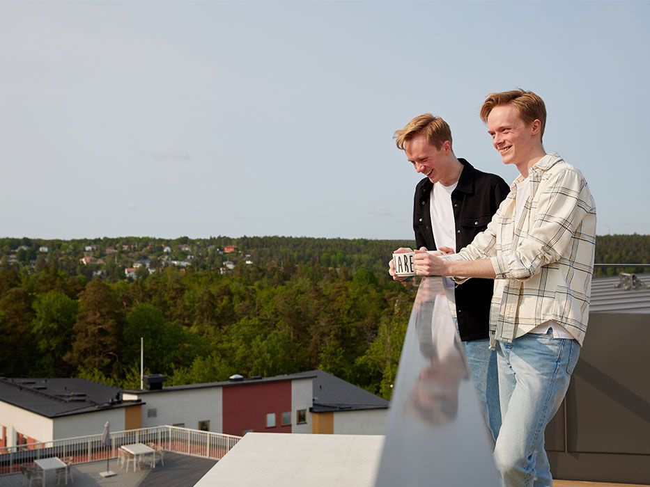 Tvillingarna kollar på utsikten från husets gemensamma takterrass