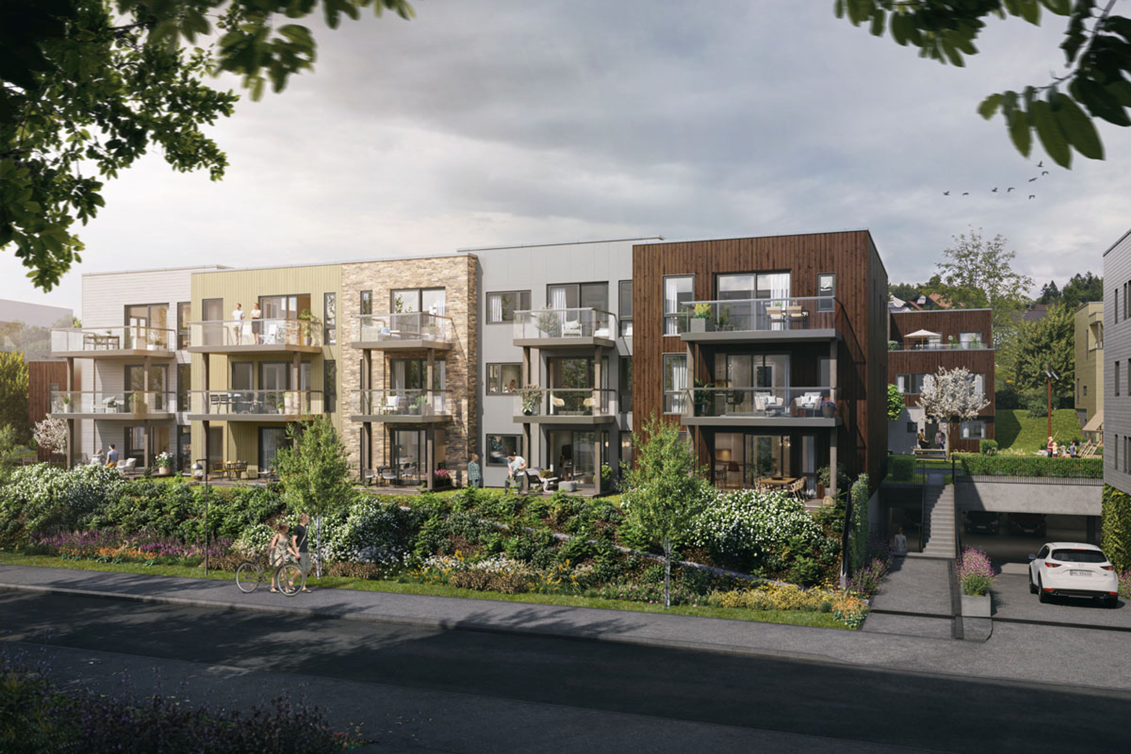 Illustrasjon av fasade på blokk 1, hageside