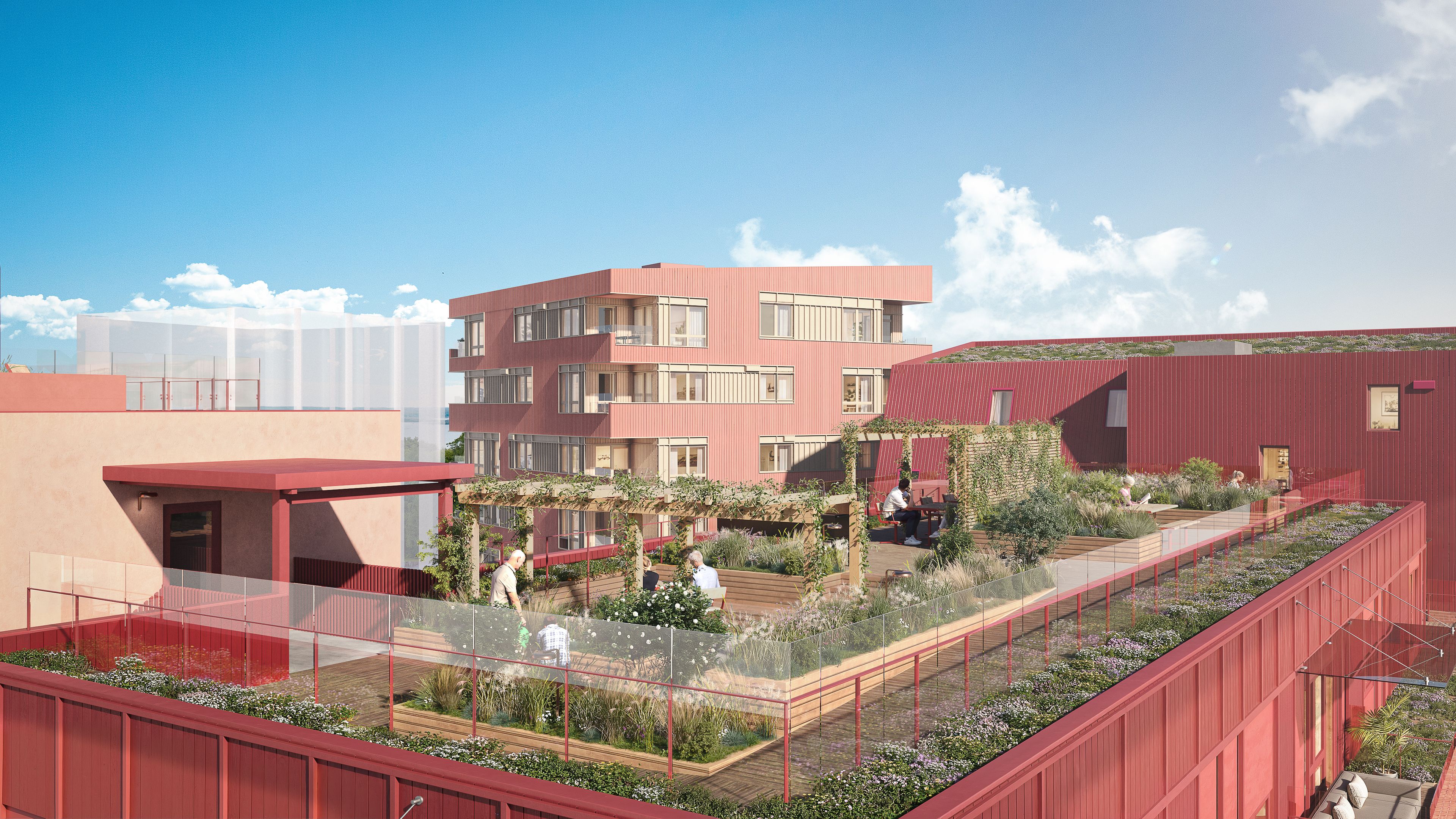 Felles takterrasse på lamellhus i Kvartal A med flere sittegrupper