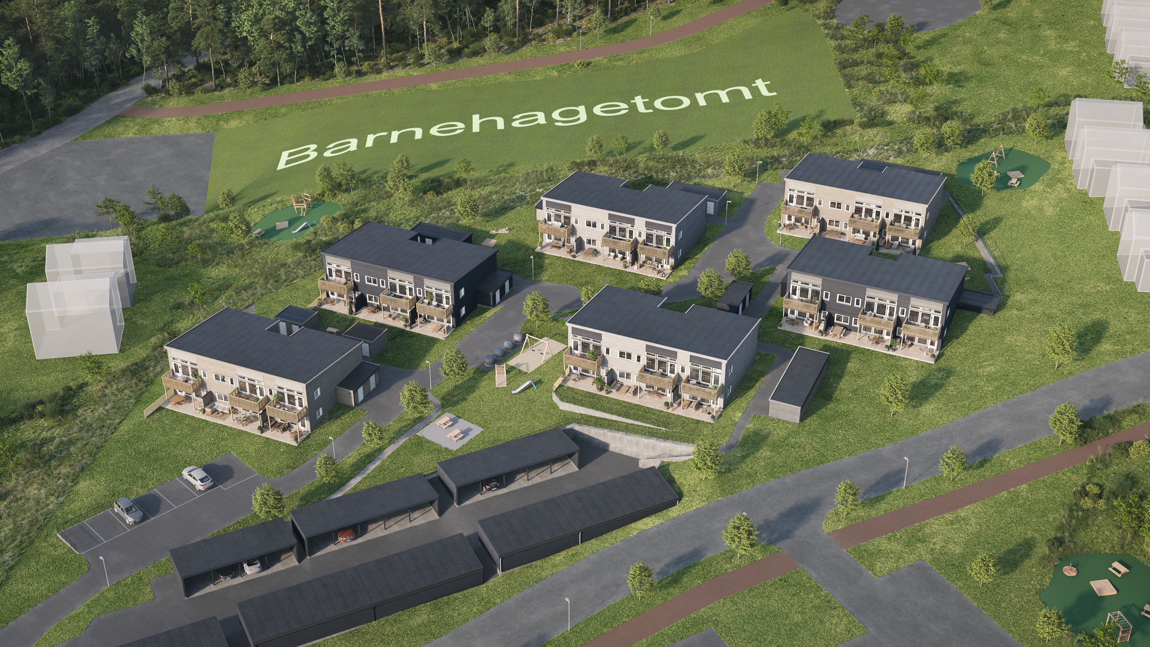Oversiktsillustrasjon av boligene på Olbergåsen