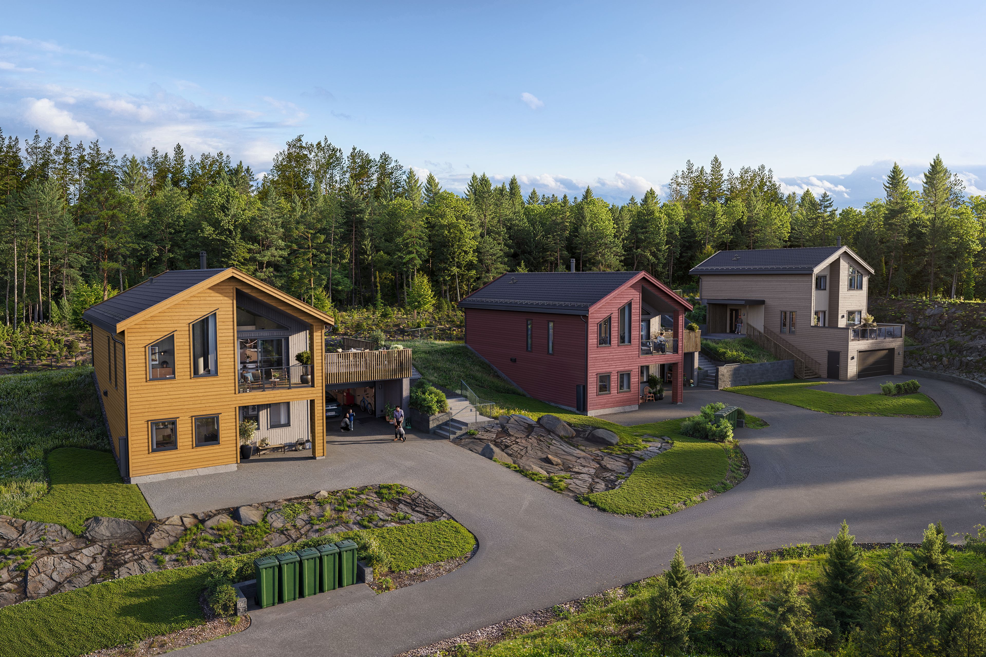 Illustrasjon av frittliggende eneboliger i hustypen Lund, Strømnesåsen.