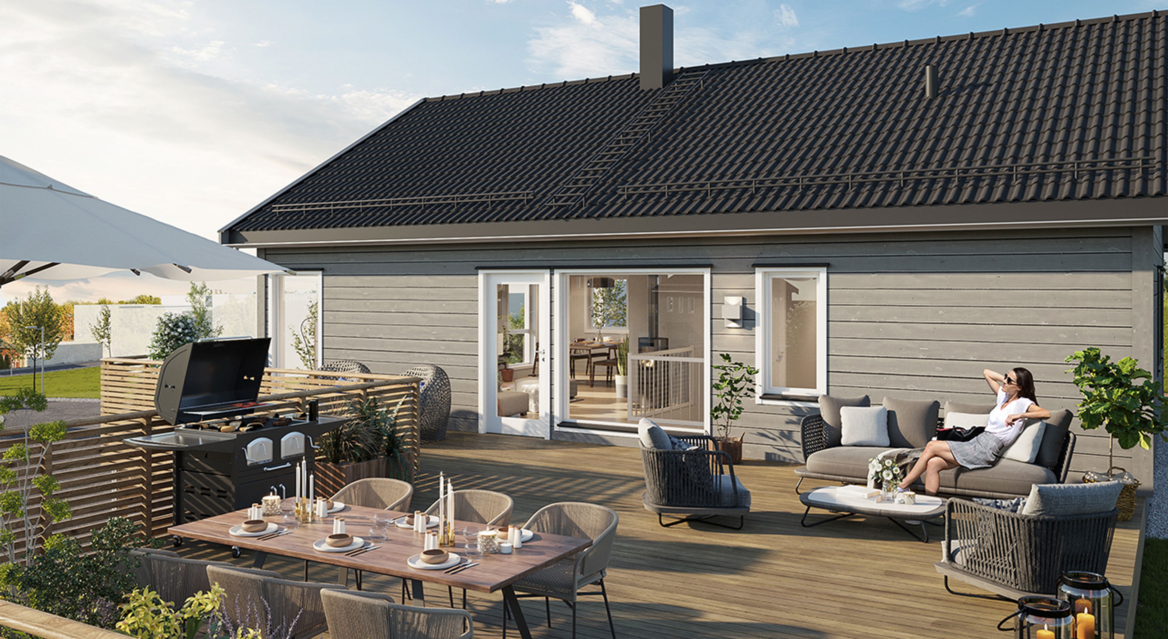 Illustrasjon av terrasse i enebolig i Blåbærslynga på Villa Havblikk, trinn 4