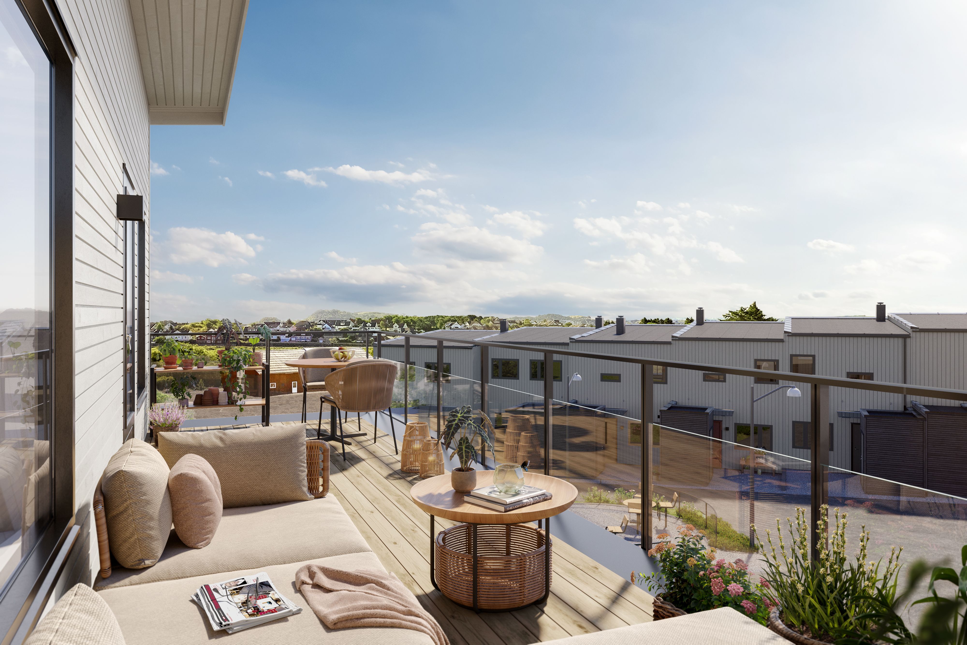 Illustrasjon av terrasse i rekkehus på Myklebust K-BKS11, hus 3