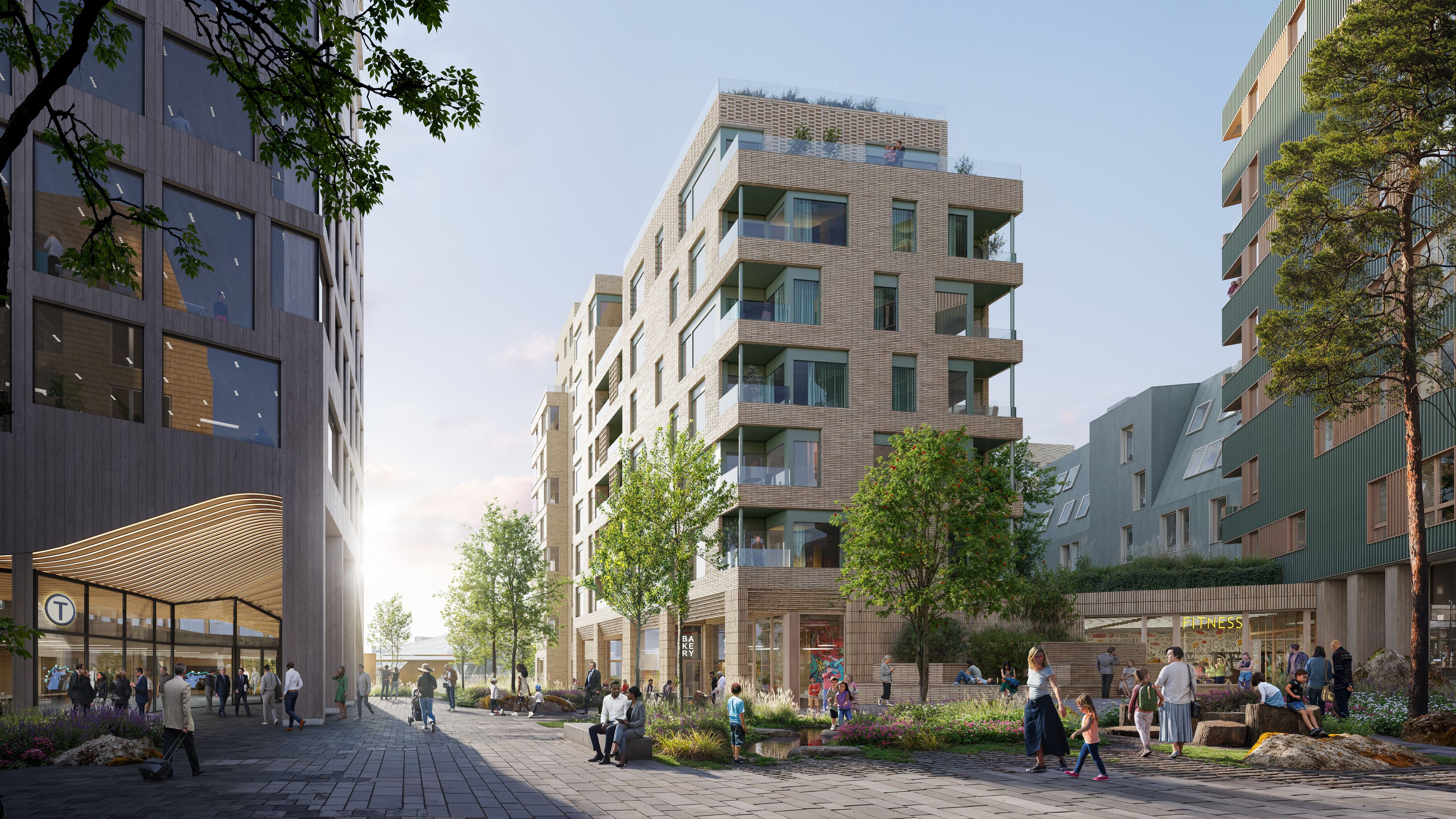 Illustrasjon av torgområde og nedgang til T-bane